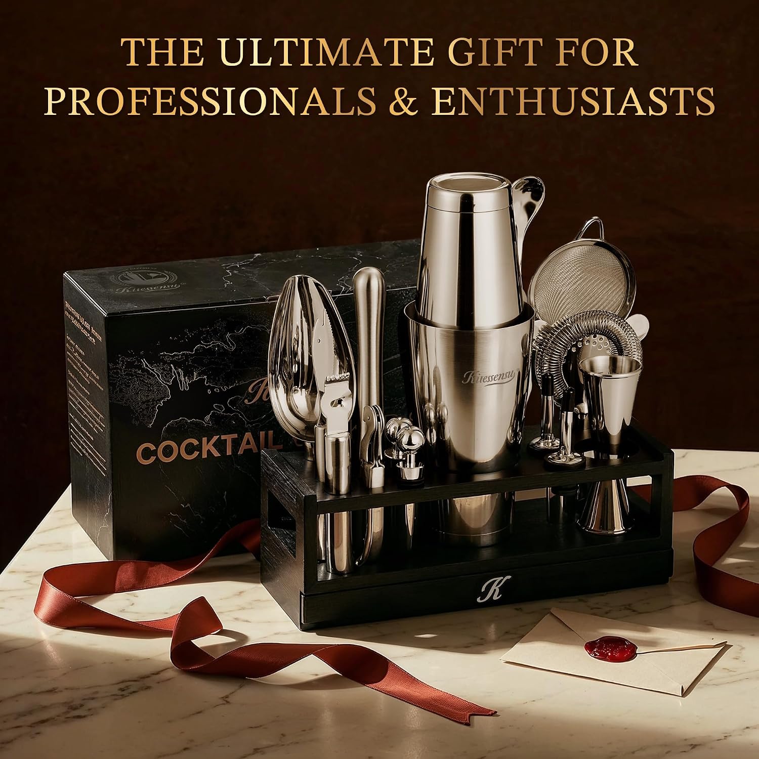KITESSENSU 25-PC Professional Boston Shaker Set Bartender Kit, Mixology & Cocktail Bar Set with Bamboo Drawer Stand, 18oz & 28oz Ultimate Martini Shaker Gift for Home Bar