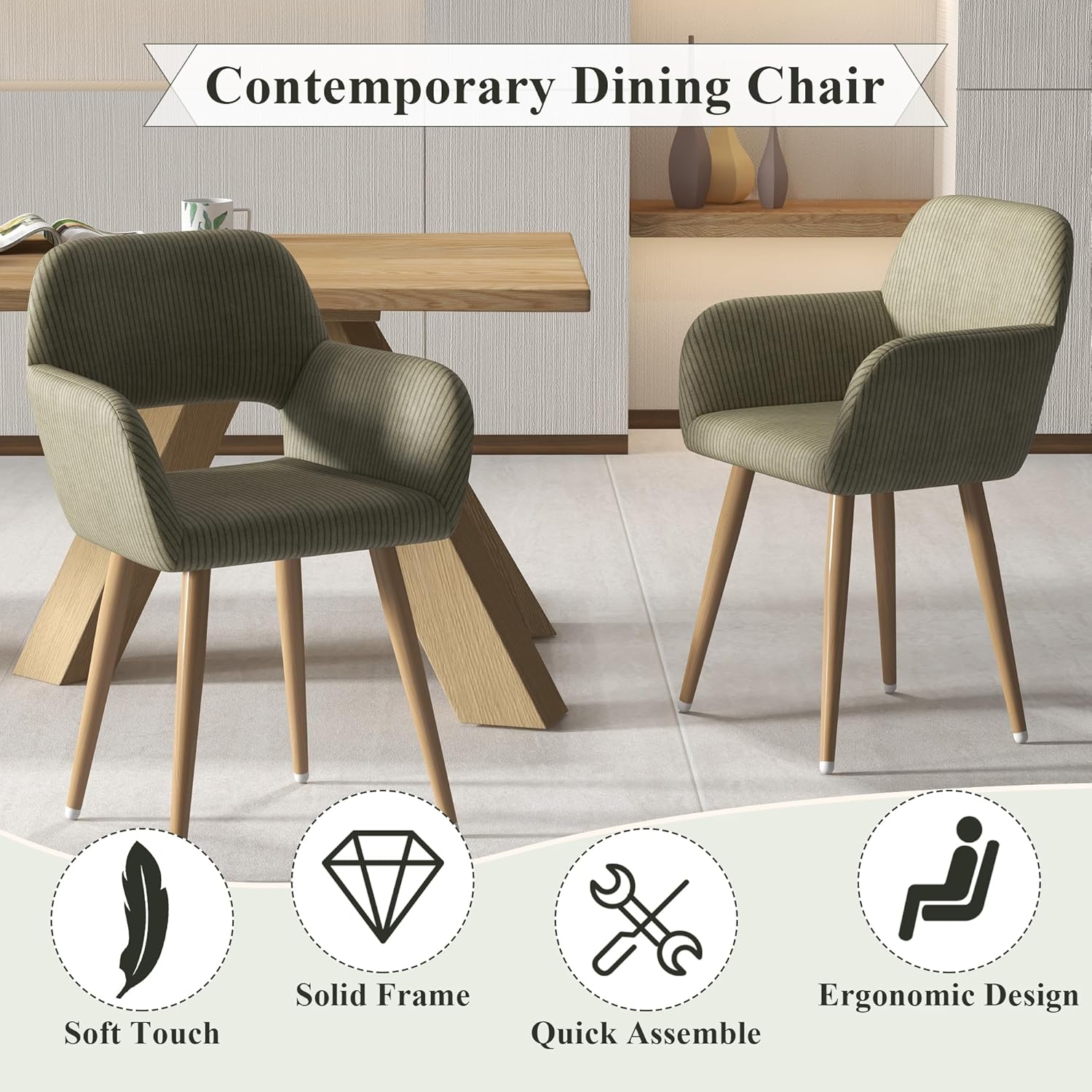 Home Office Desk Chair Set of 1, Corduroy Fabric Vanity Chair for Makeup with Hollow Backrest, Comfy Armchair Wood Frame with Strudy Metal Legs, Dark Green