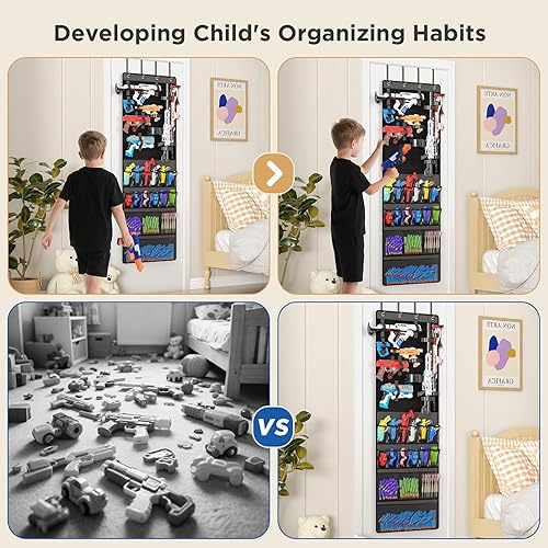 Miniatura 7 de Organizador sobre la Puerta para Pistolas de Juguete, Colgador de Puerta de Almacenamiento de Juguetes con Bolsillos y Ranuras para Lanzadores de