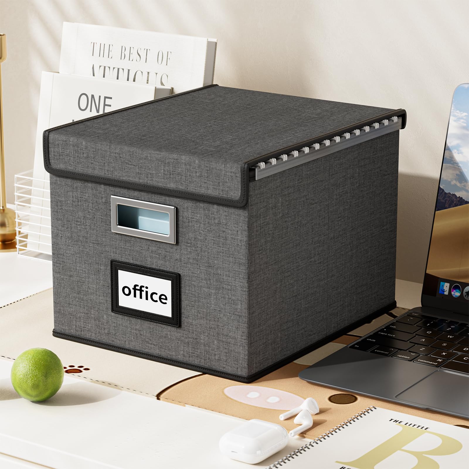 FINEW Caja de almacenamiento plegable de tela con tapa, caja para carpetas colgantes DIN A4, cajas de almacenamiento para oficina, caja plegable para familias (gris oscuro) 4 unidades