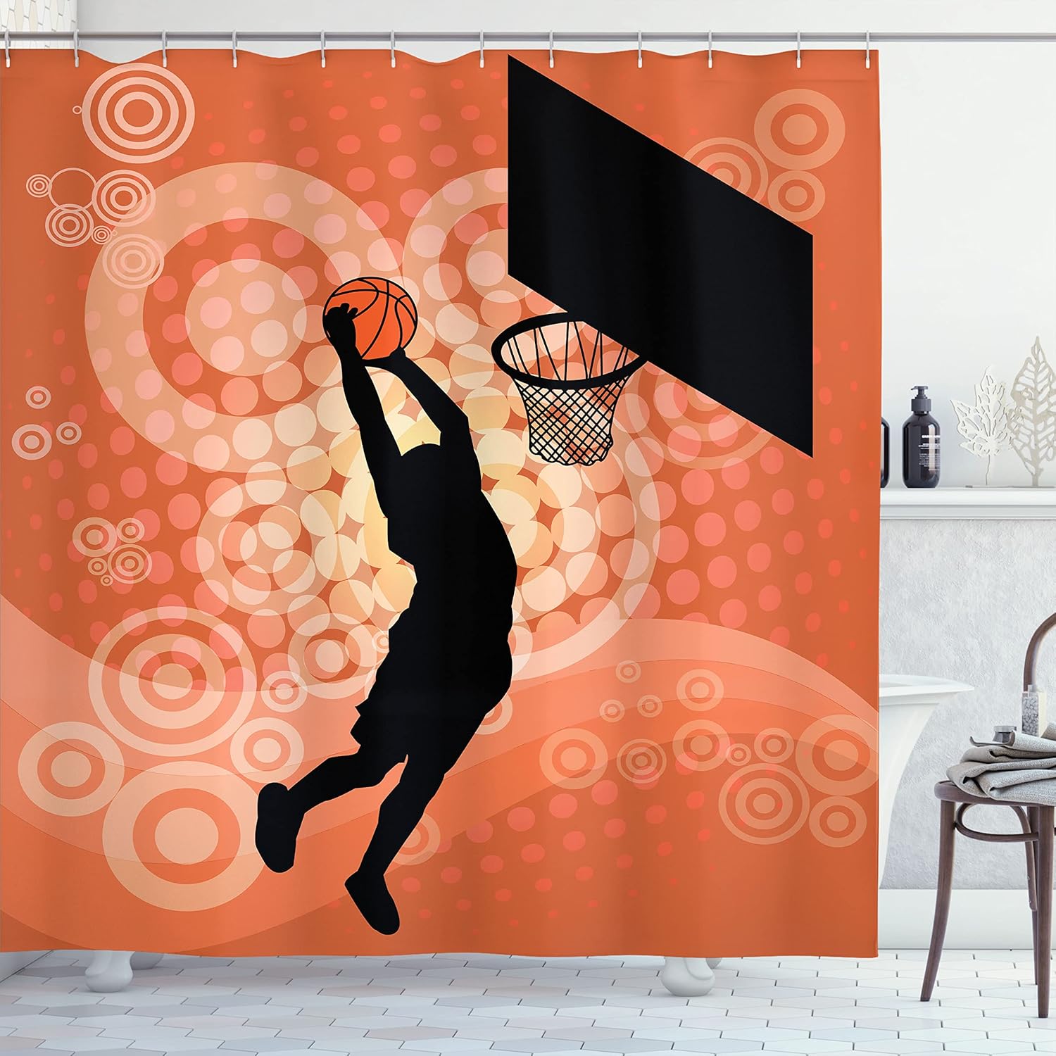 Ambesonne Basketball Shower Curtain, Basketball Player Silhouette Athlete Competition Championship Promotion, Cloth Fabric Bathroom Decor Set with Hooks, 69" W x 70" L, Pale Orange Black