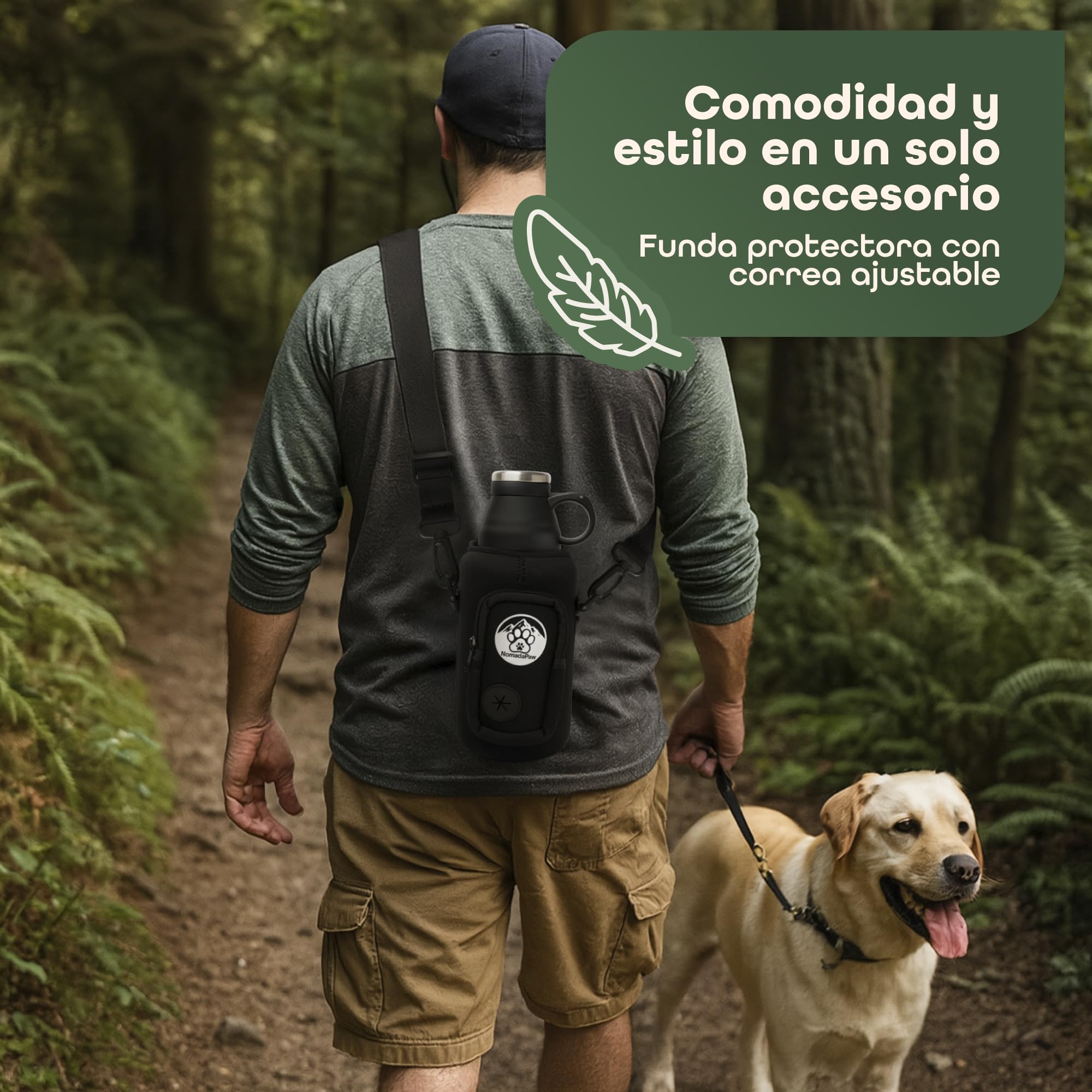 Botella de Agua para Perros 1L de Acero Inoxidable – Bebedero Portátil Térmico con Comedero y 2 Tapas – Incluye Funda Neopreno, Dispensador de Bolsas y Cepillo – Accesorio de Viaje 4 en 1| NomadaPaw