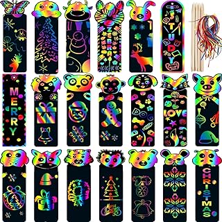 Ruirihai-uk 60 Pcs Animal Scratch Art for Kids, Magic Rainbow Bookmarks for Children with Colorful Ropes and Wooden Stylus Party Bags Filler for Kids Scratch Art Paper for Classroom Gifts