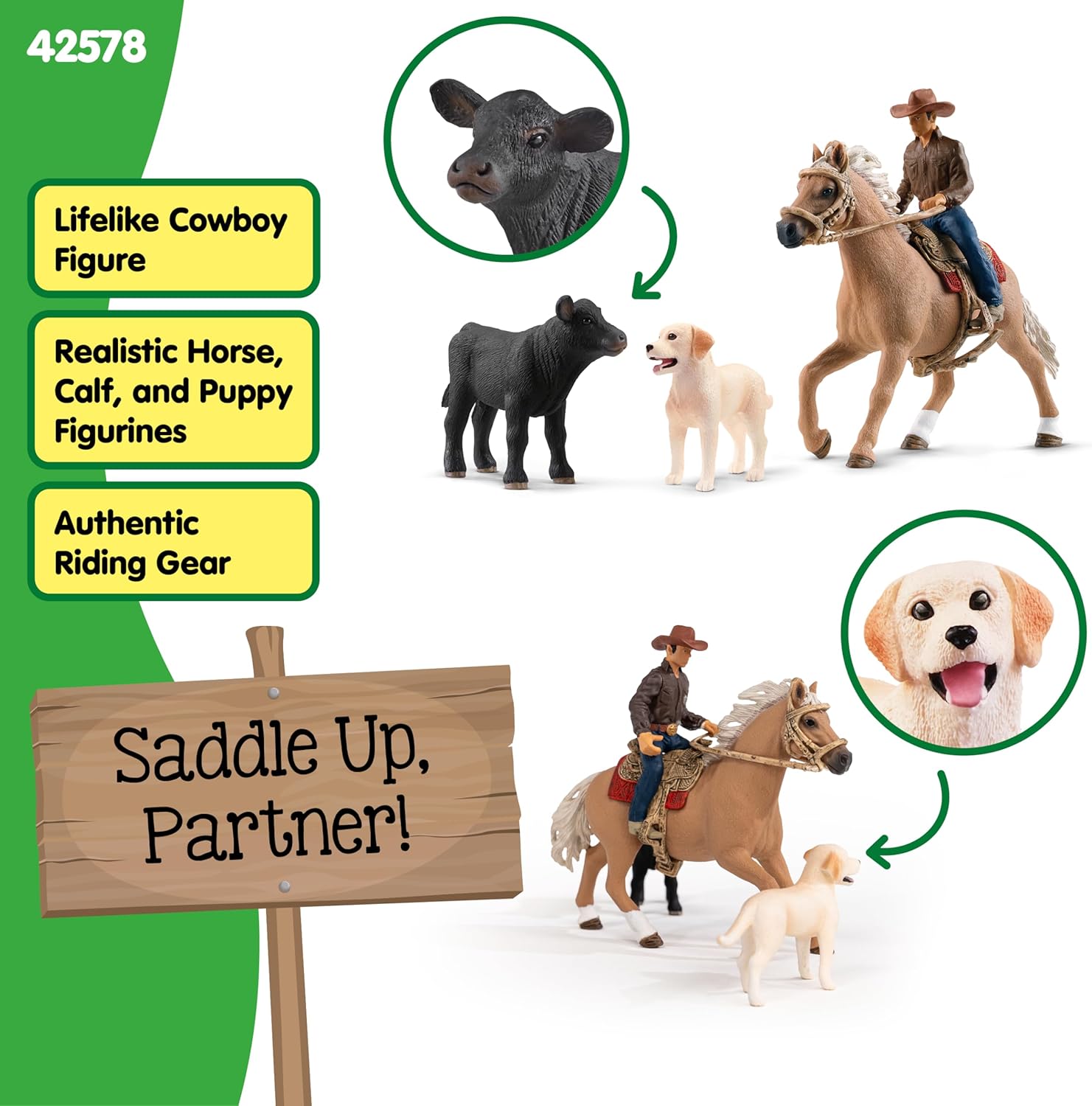 Schleich Farm World - 6PC Rodeo Calf Adventure Playset - Cowboy Rider Figurine with Horse Figure, Cow and Dog - Realistic Western Rodeo Farm Toys and Accessories - Kids and Toddlers Ages 3+ | 42578