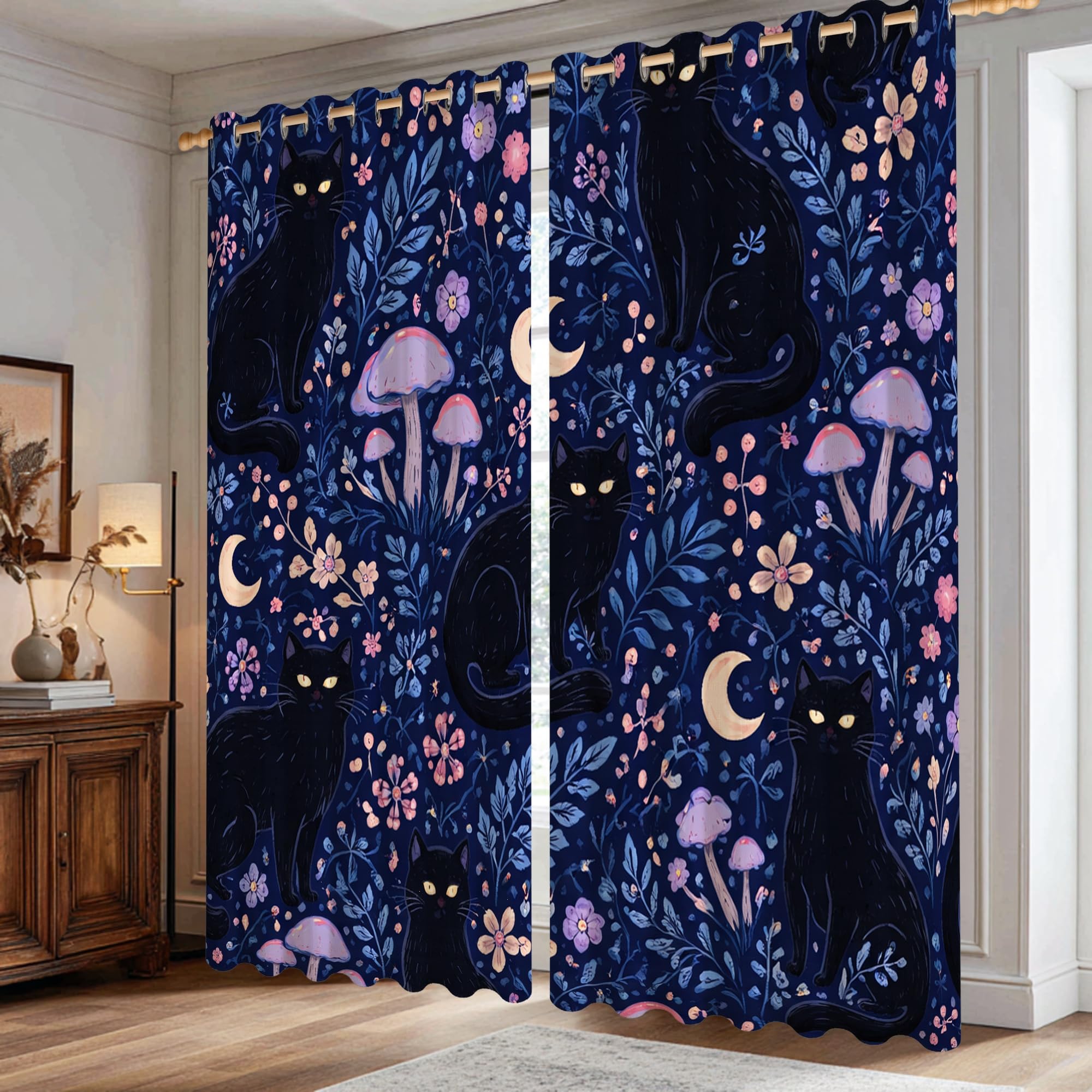 Rideau occultant bleu marine à motif chat fleur champignon pour décoration de fenêtre
