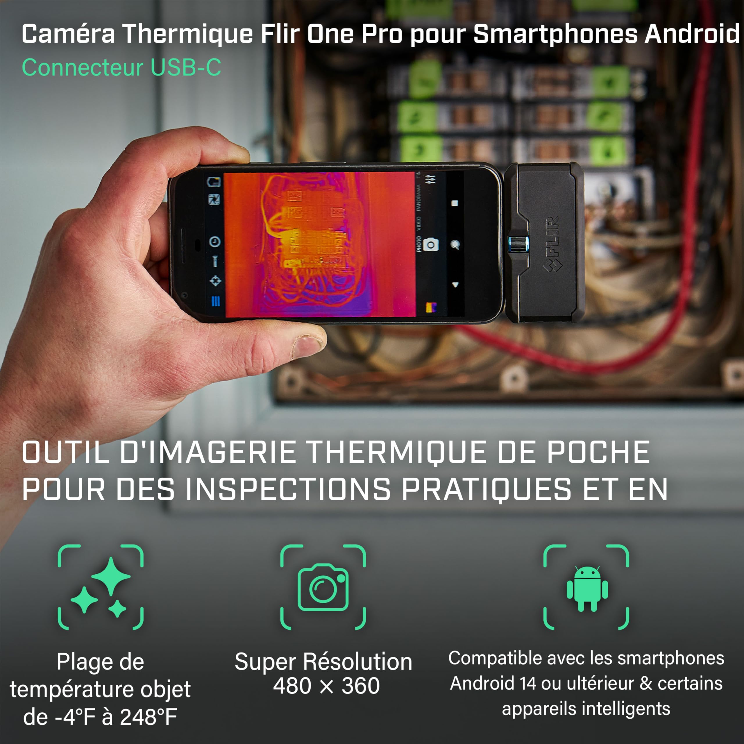 Flir One Pro - Caméra Thermique pour Smartphones Android (USB-C), Super résolution 480x360 (160x120 IR natif)