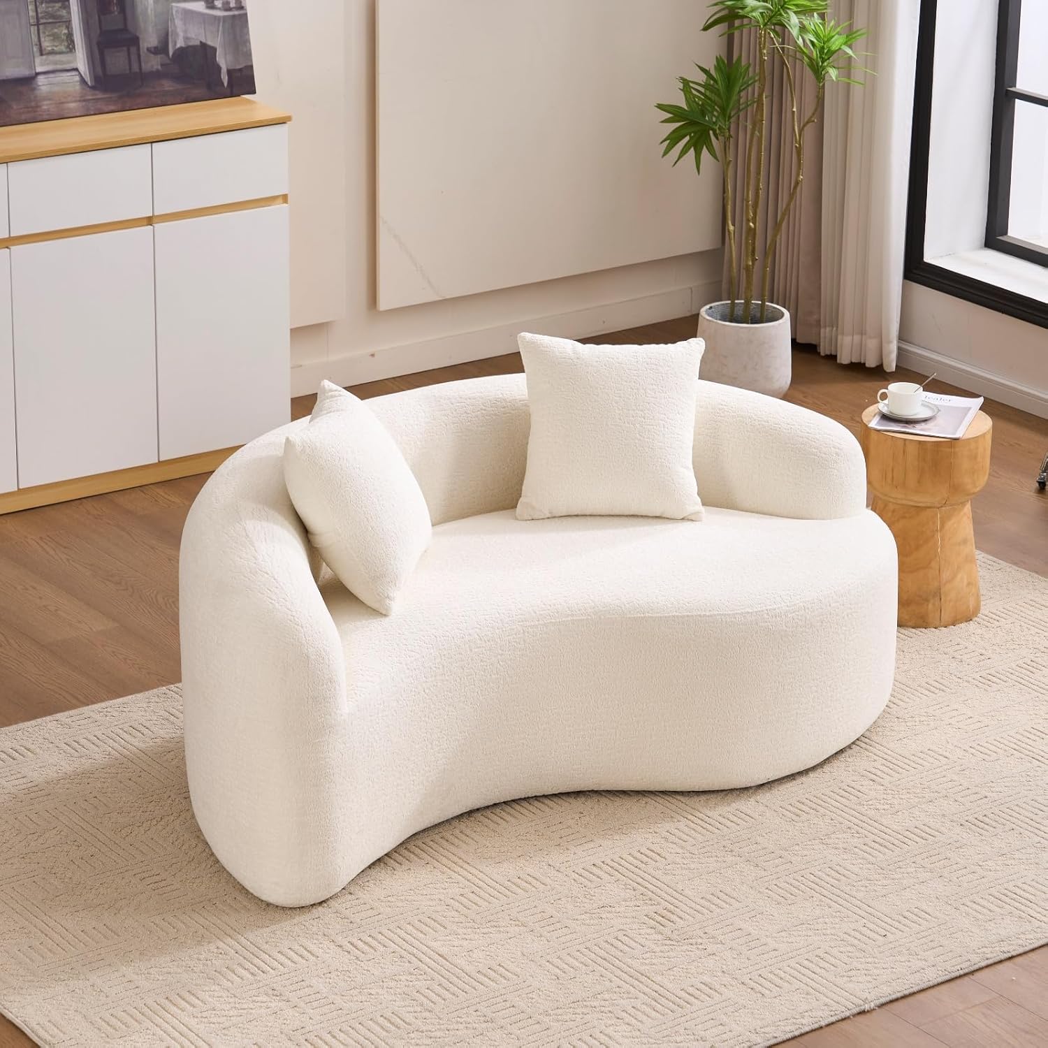 67" Curved Loveseat Sofa,Full Sponge Compression Sofa, Chinese Tai Chi Style,S-Shaped Couch for Small Spaces,No Installation Requirement,Wood Grain Chenille Fabric （White,67"）