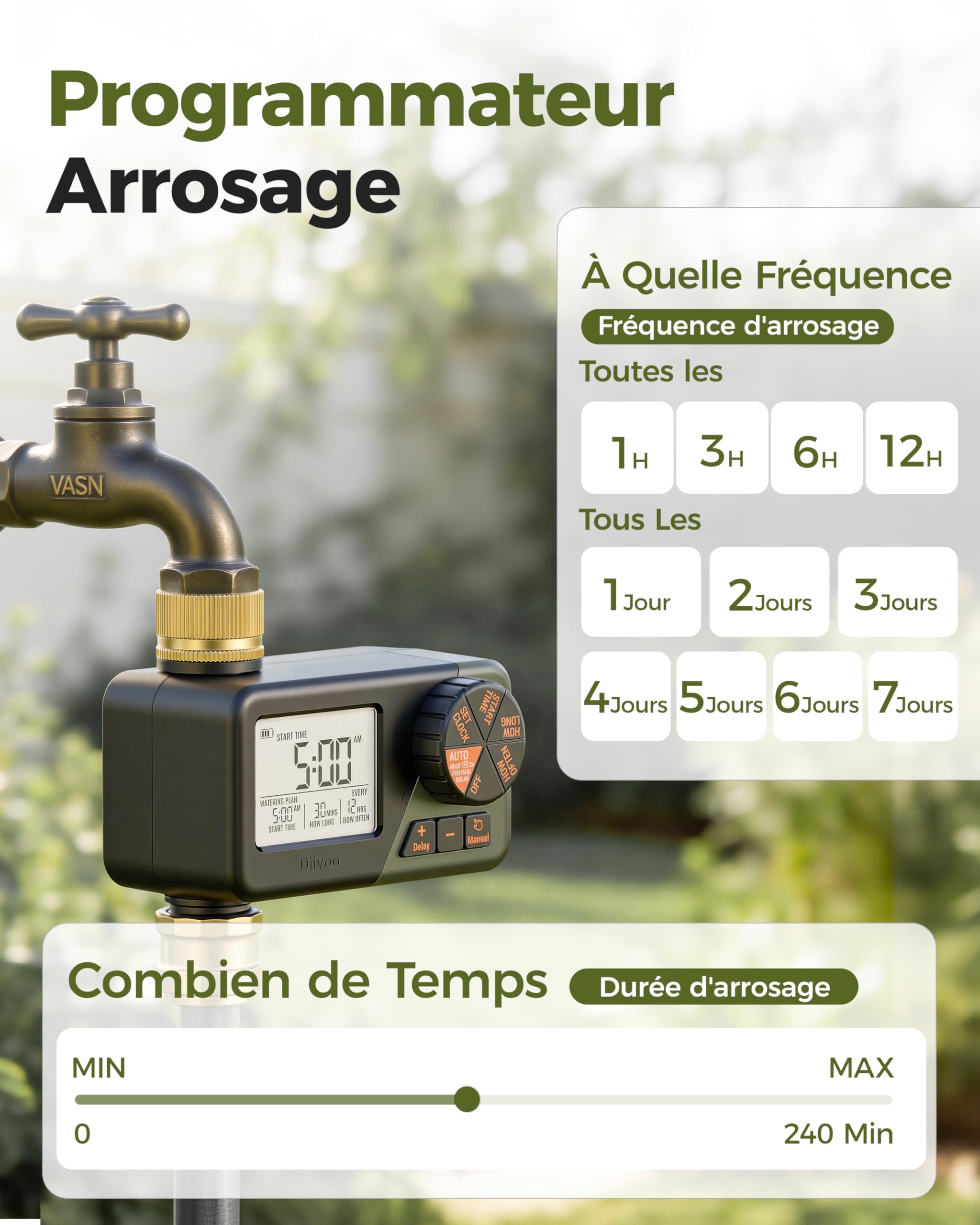 Diivoo Programmateur Arrosage Automatique avec Entrée et Sortie en Laiton, Minuteur Arrosage avec Étanchéité IP66, Grand Écran LCD, Retard de Pluie, Arrosage Manuel pour Pelouse et Jardin