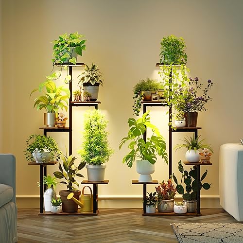 Soporte para plantas de interior con luces de crecimiento, estante de esquina escalonado, pequeño estante de flores iluminado de metal múltiple