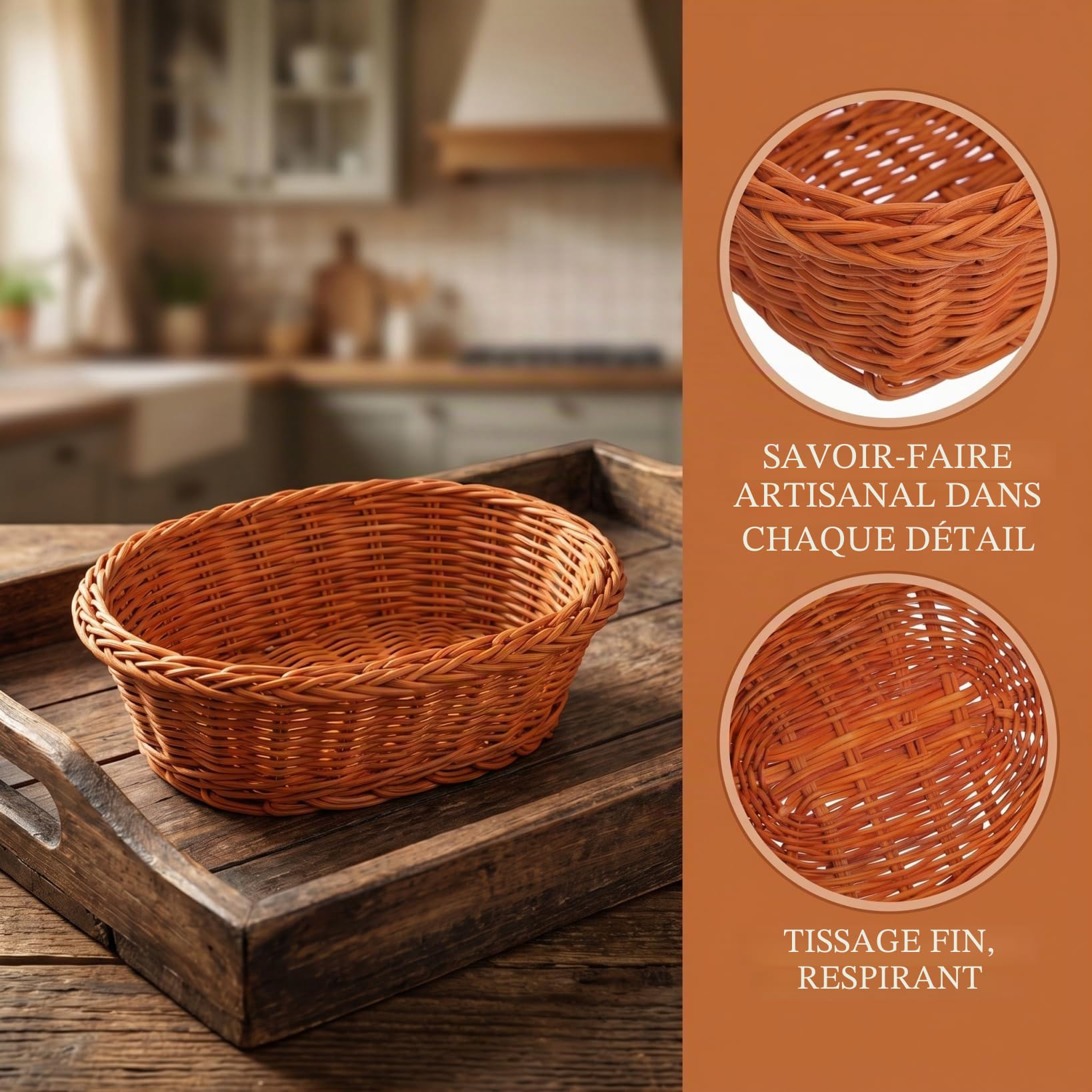 Lot de 10 petites corbeilles à pain ovales tissées à la main en rotin respirant et hygiénique pour la cuisine, les fruits, les collations, organisateur polyvalent pour la maison et la