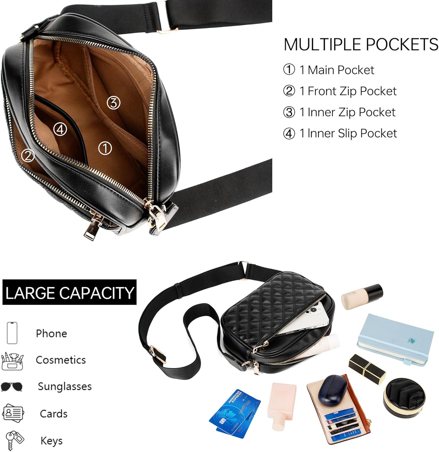 Quilted Crossbody Bags for Women PU Leather Crossbody Purses Small Shoulder Handbags with Guitar Wide Strap - Image 5