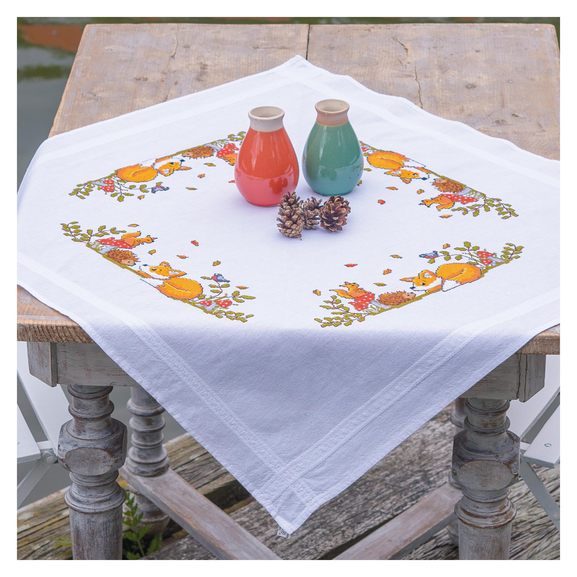 Vervaco Mantel Para Bordar Punto De Cruz Completo Bordado Tela Impresa Bosque de otoño Decoracion Para Manualidades DIY Adultos Set Ocio Creativo Regalo 80 x 80 cm Cross Stitch Embroidery