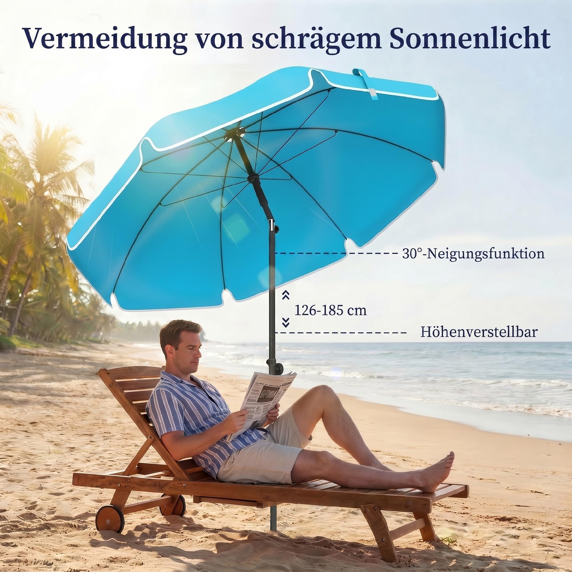 Outsunny Sonnenschirm Strand Ø150 cm Strandschirm mit Sonnenschutz wasserabweisend, Balkon-Schirm mit verstellbarem Neigungswinkel Sandanker, Tragetasche, Gartenschirm für Camping Reisen, Blau