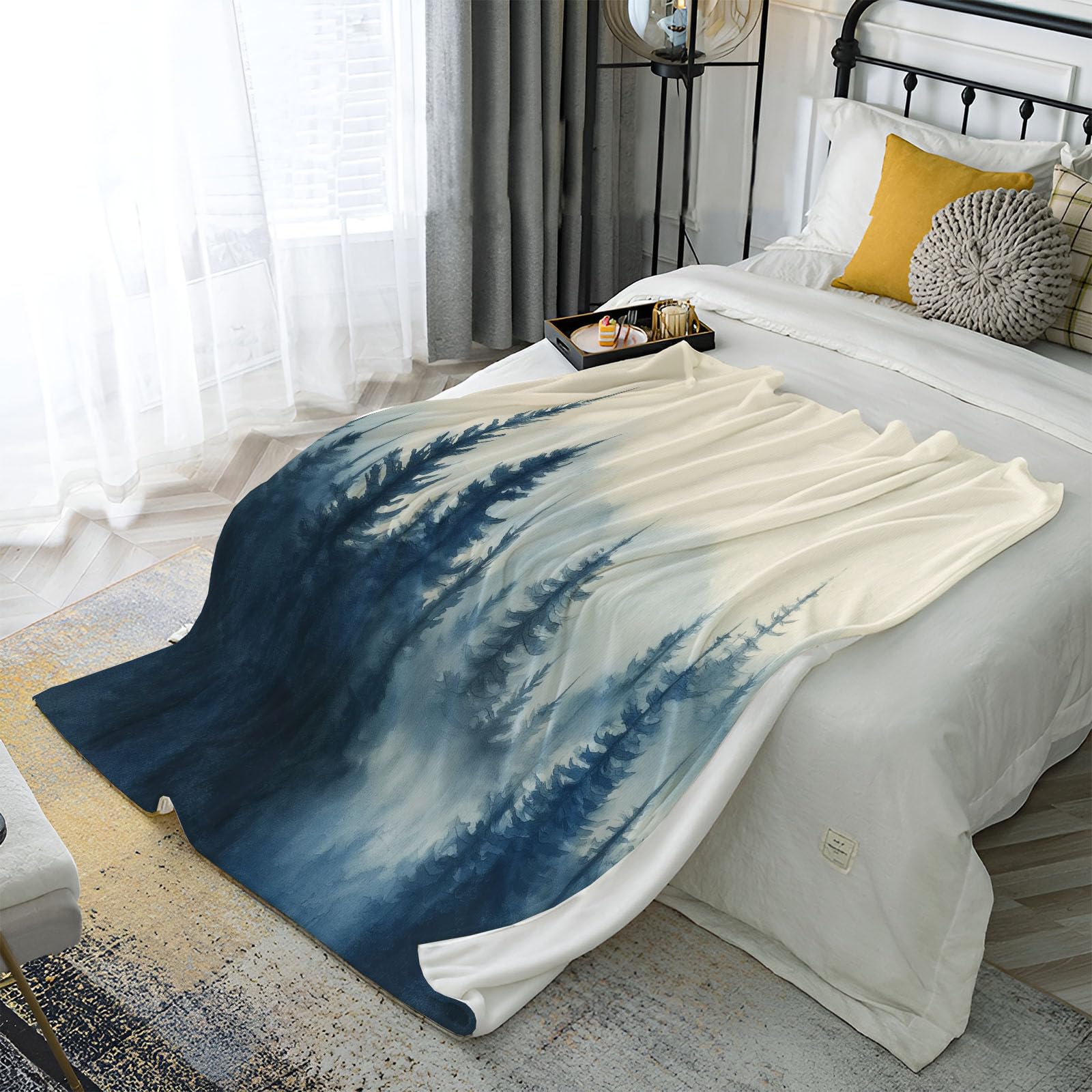 Plaid polaire flanelle 200x220cm jeté de canapé design paysage forêt de pins