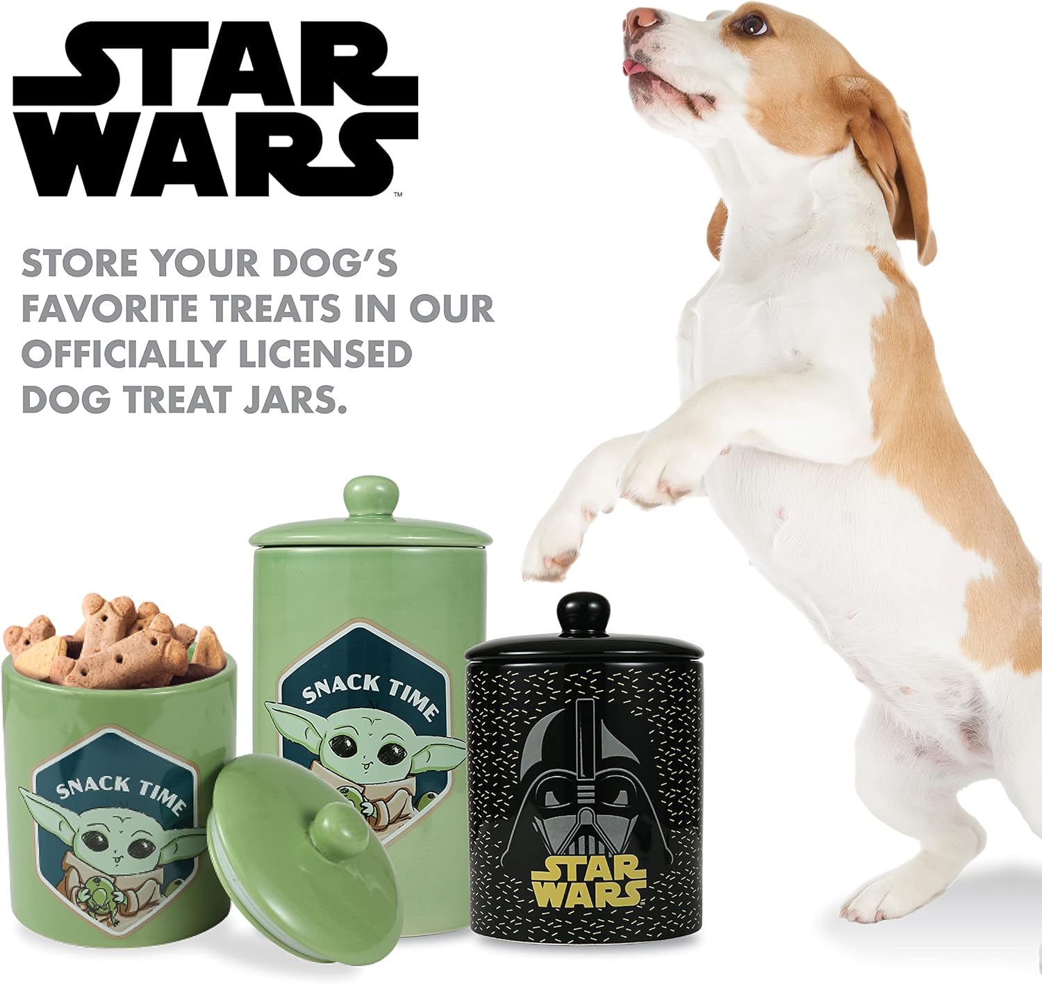 Star Wars for Pets The Mandalorian Snack Time Dog Treat Jar | 10 x 5 Ceramic Dog Treat Jar with Lid, Dishwasher Safe |Baby Yoda Green Dog Food Storage Container | Baby Yoda Treat Jar : Pet Supplies