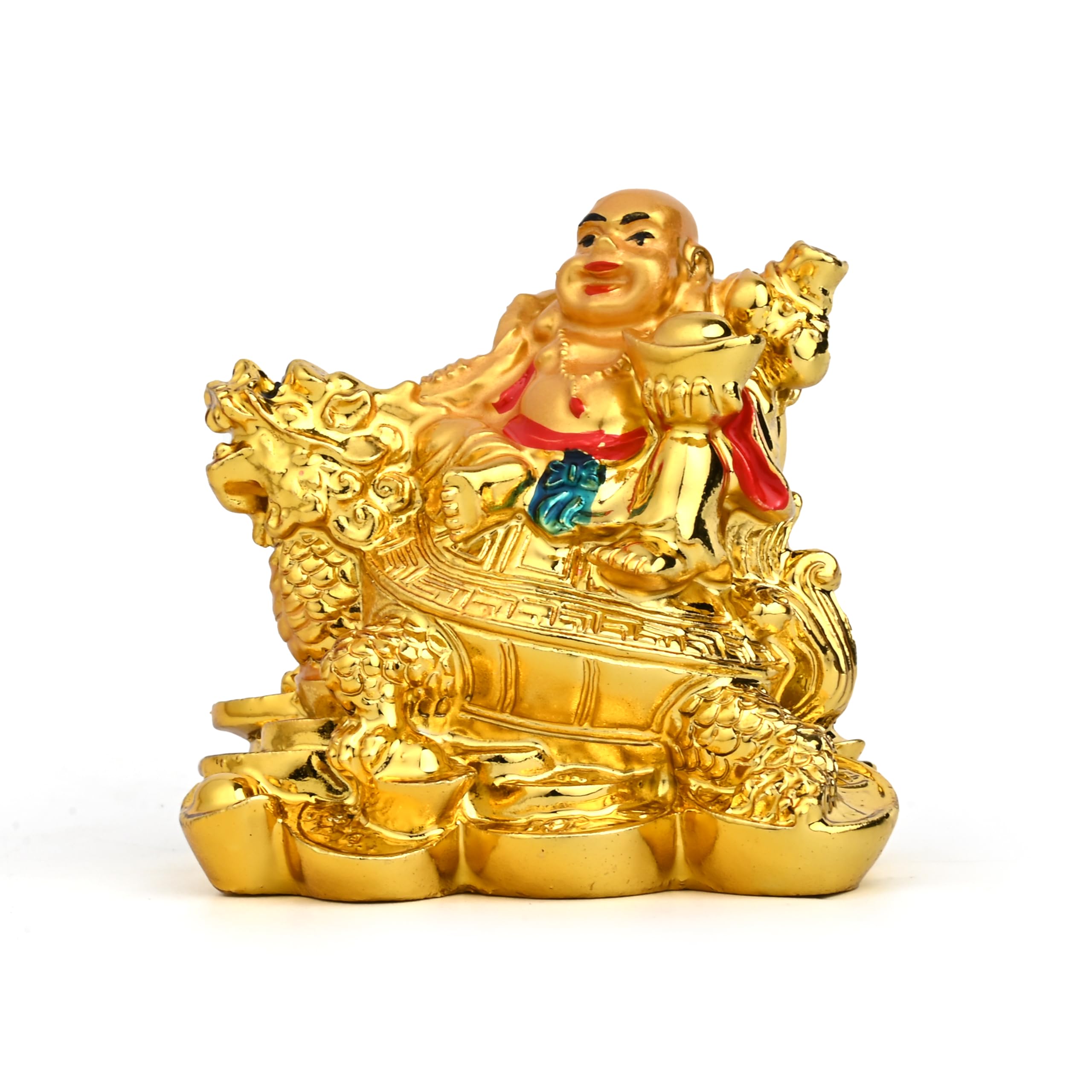 Fengshui Laughing Buddha Sitting On Back Of Dragon Headed Tortoise With Ingot In Hand For Good Luck And Success Home Showpiece Decor(Golden)