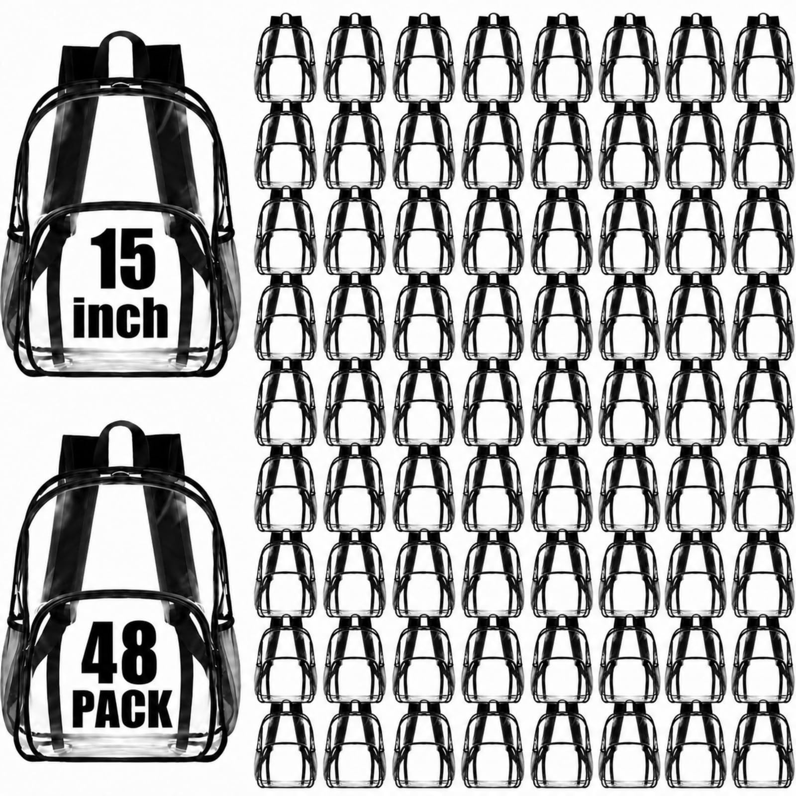 Amylove 48 Pcs Clear Backpack bulk for Stadium Events Heavy Duty PVC Transparent Bookbag for College Workplace Security (15 Inches,Black)