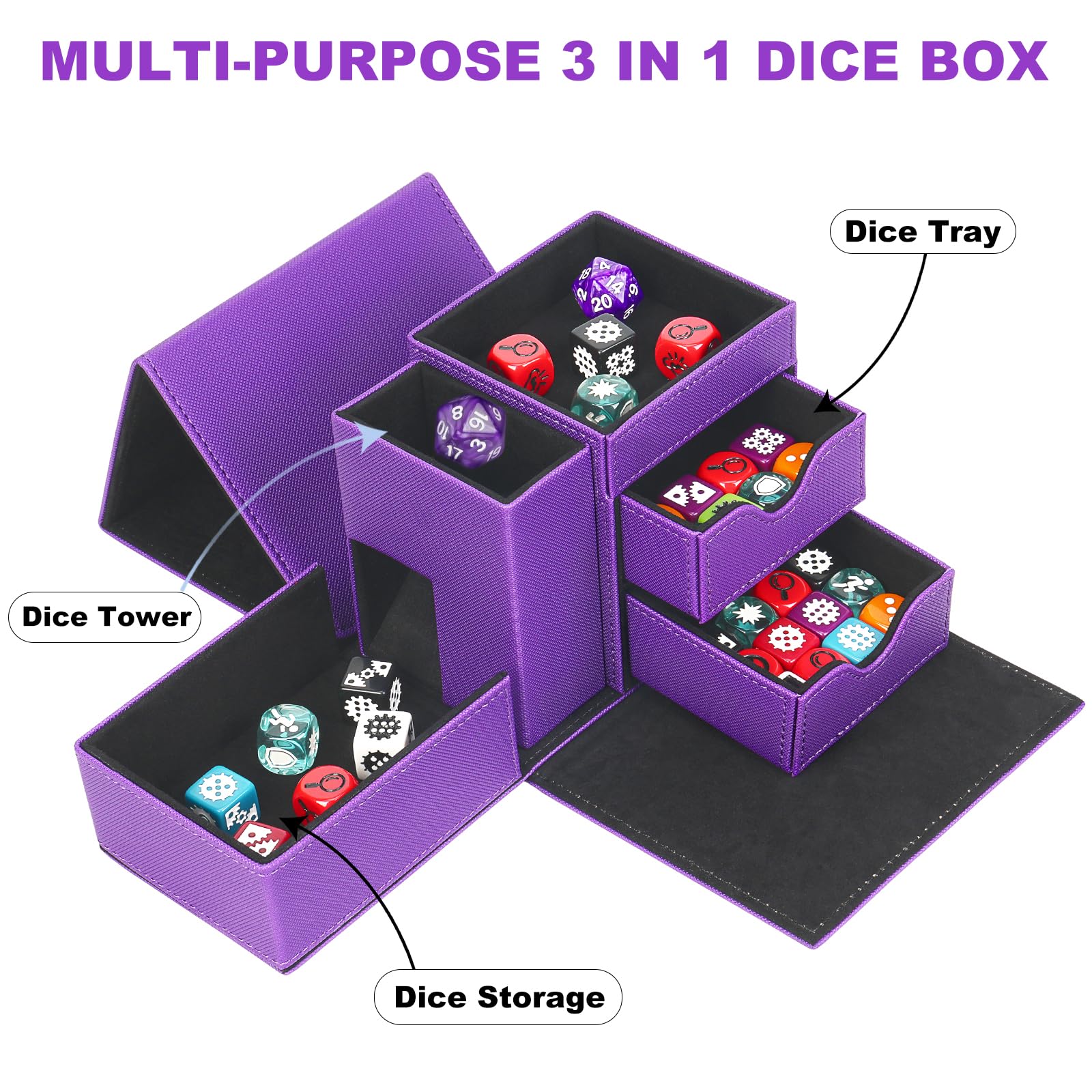 Vassoio per dadi e rullo per dadi a torre, scatola magnetica per dadi per rotolamento, 3 in 1, in pelle, organizer per dadi adatto per Dungeons & Dragons, MTG DM e Player, viola e nero