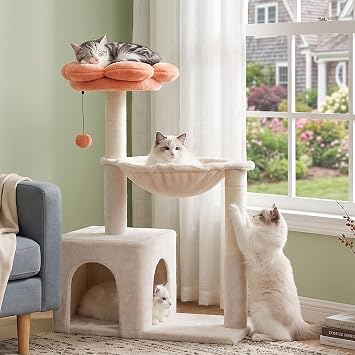 Flower Cat Tree 34" Scratching Post Small Cat Tower for Large Cats,Featuring with 15.7”Large Hammock, Removable Top Bed and Wide Condo for Indoor Cats-Beige | Cute Cat Tower with 15.7” Hammock, Spacious Cat House,34” Scratching Post,Removable Flower Bed, Small Cat Tree for Large Cats