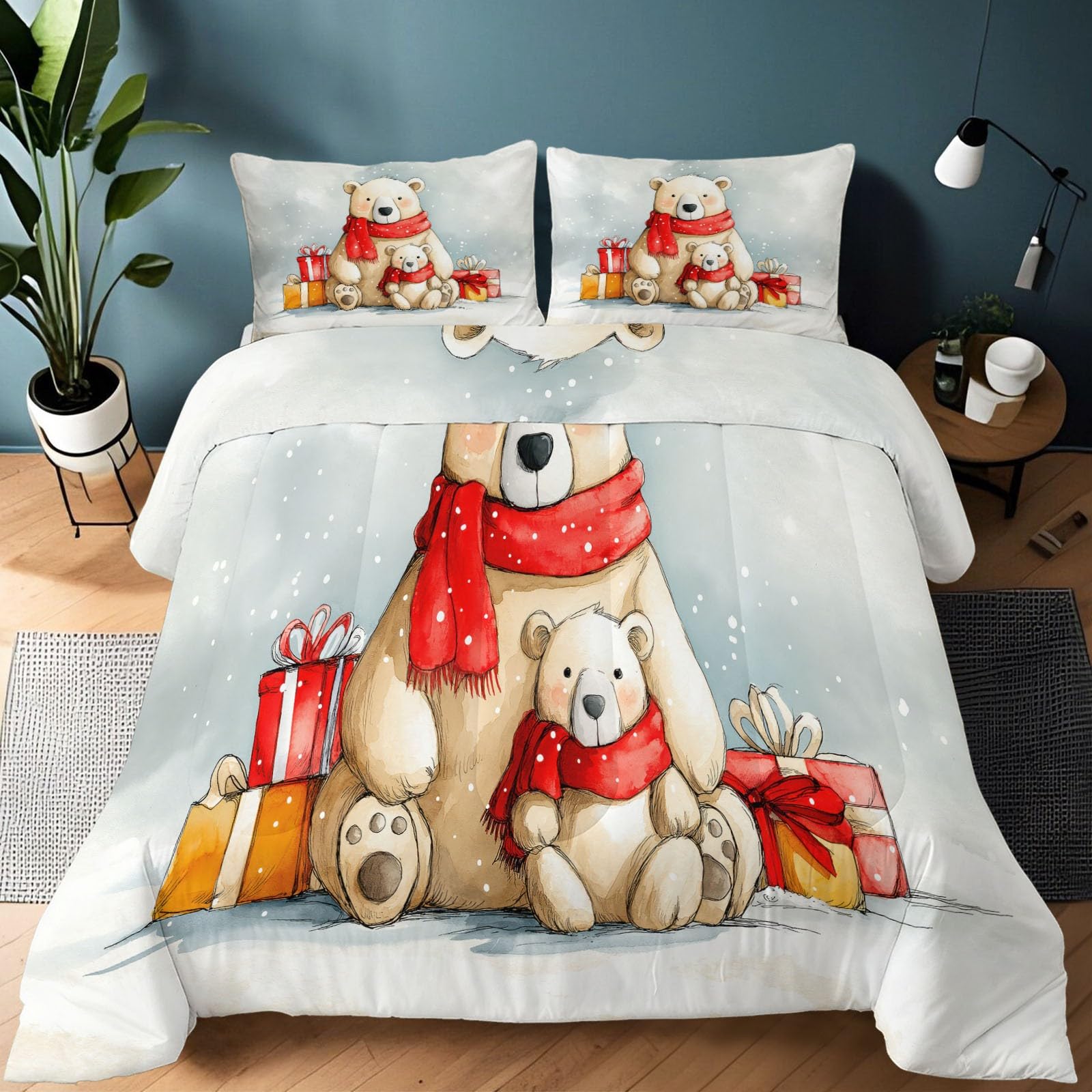 Kremowa kołdra bez poszewki, 220 x 240 cm, kołdra 220 x 240 cm z poszewką na poduszkę 80 x 80 – 2-częściowy zestaw pościeli dla alergików, nadaje się do prania, akwarela, płatki śniegu, misie