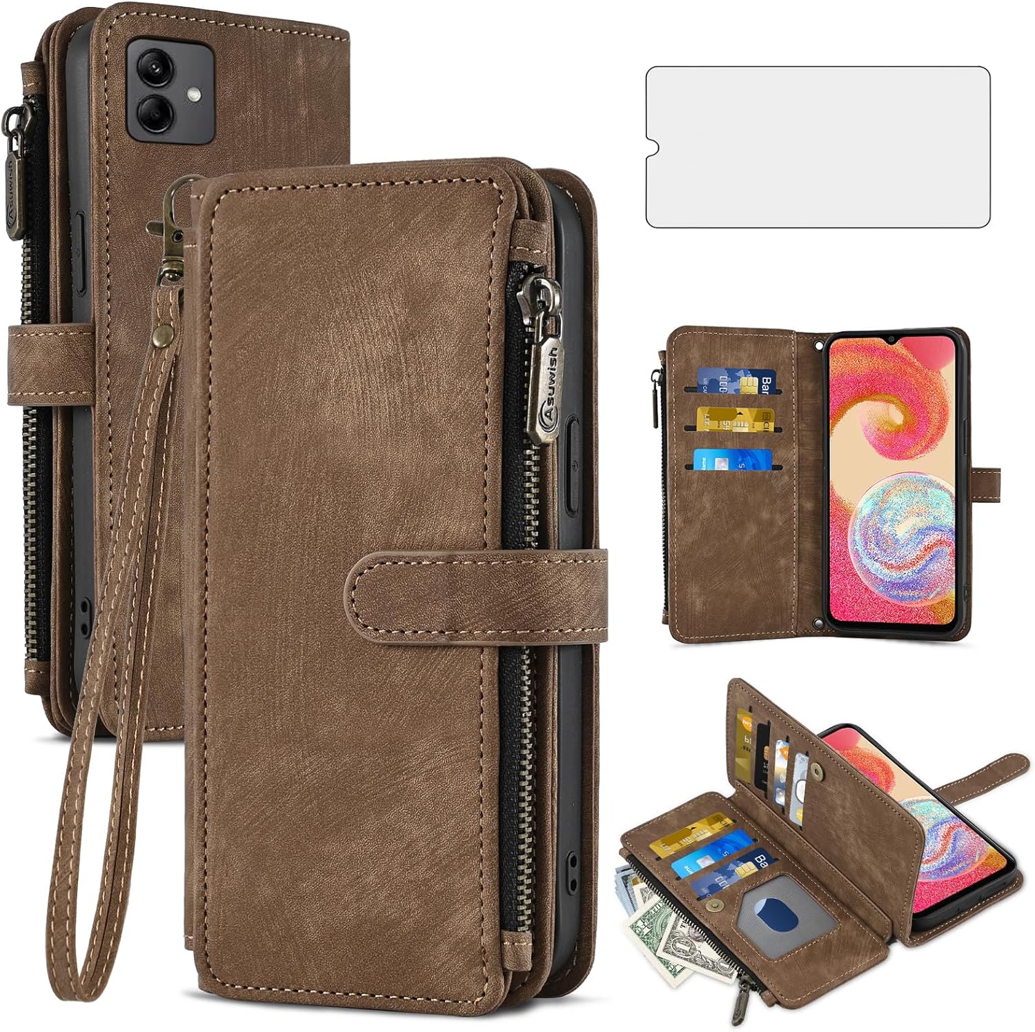 Asuwish Phone Case for Samsung Galaxy A04e Wallet Cover and Tempered Glass Screen Protector Leather Flip Credit Card Holder Stand Lanyard Wrist Strap Rugged Cell Accessories AO4e A 04e Women Men Red