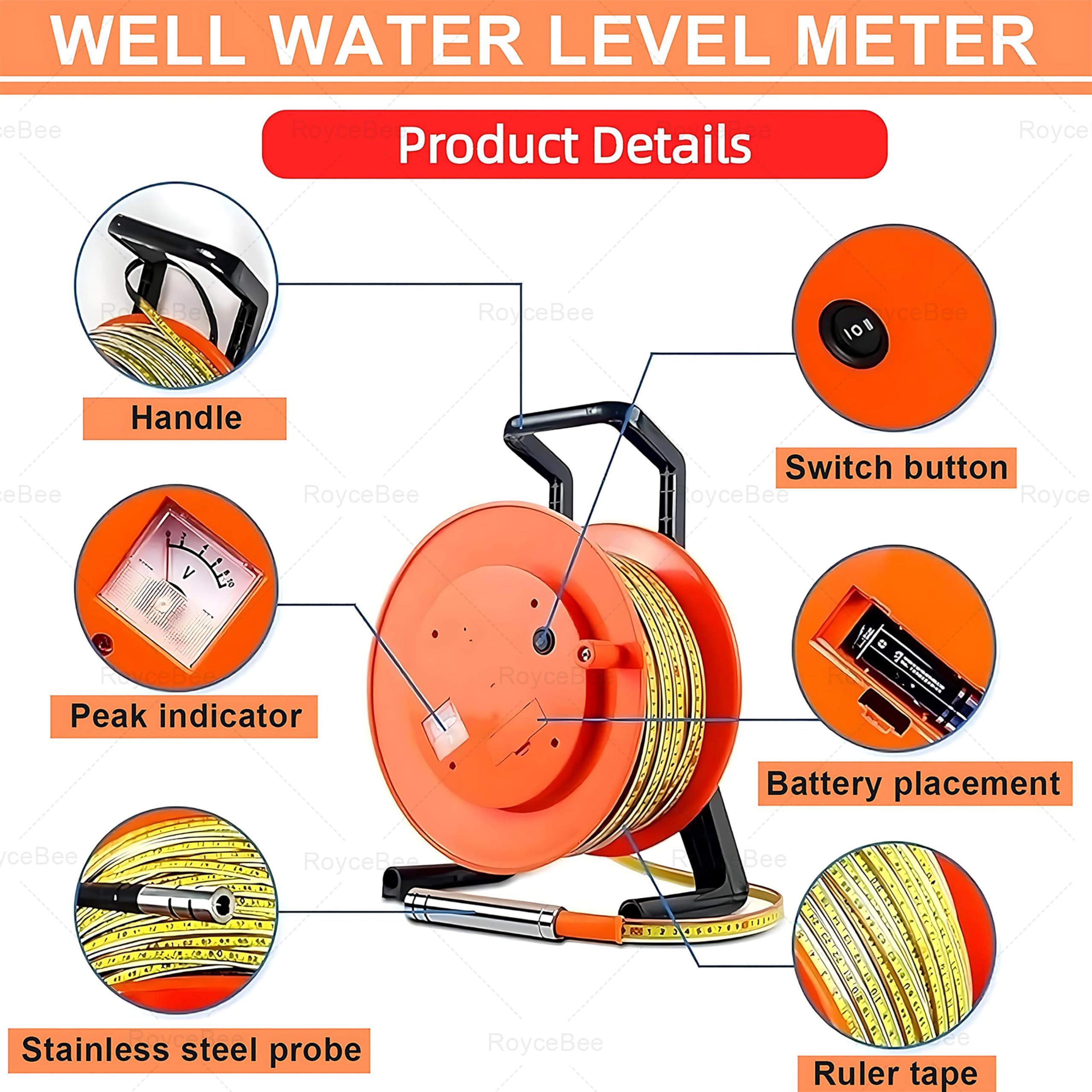 Coffret de Mesure de Niveau Piézométrique, avec Ruban en Acier et Indicateur Sonore/Lumineux, pour Relevés en Puits, Réservoirs d'eau et Études de Filtration de Barrages 50m/164ft