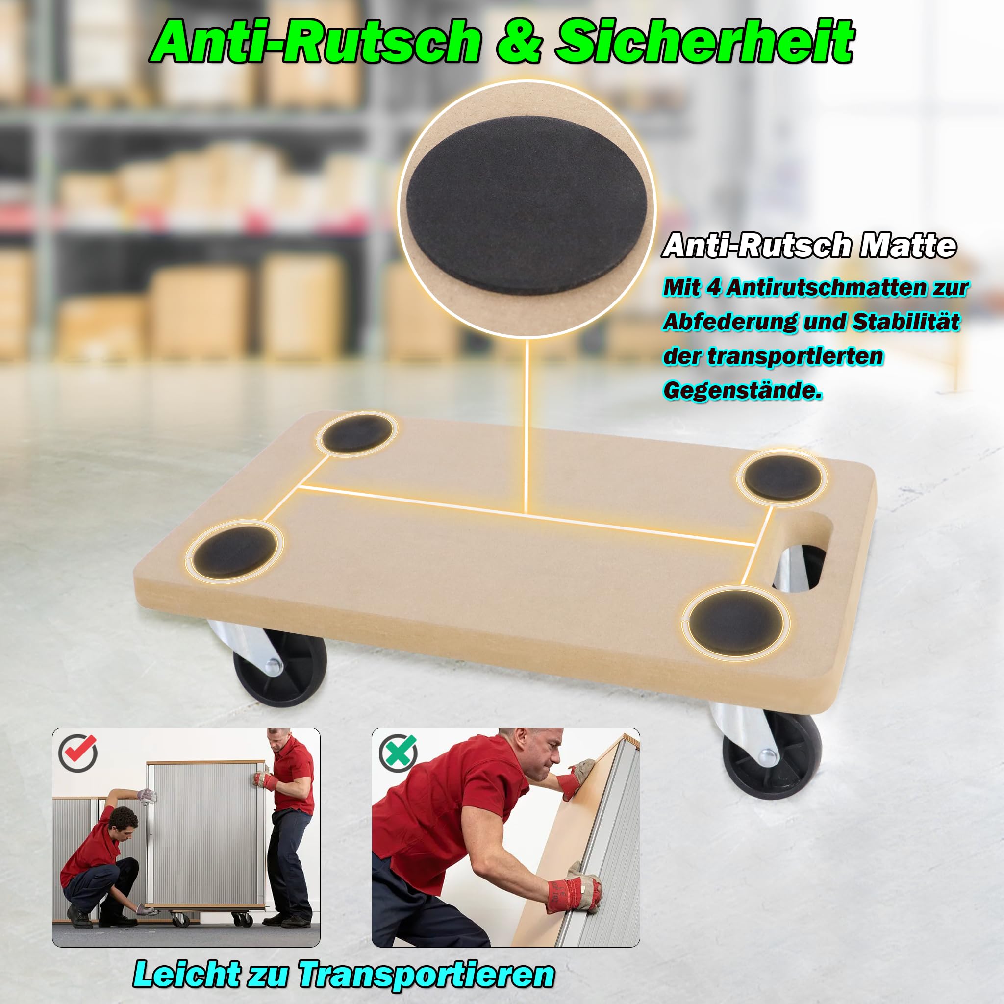 Carrello con tavole 2 pezzi con pattini in gomma, carrello per mobili con tavole max. 200 kg di portata