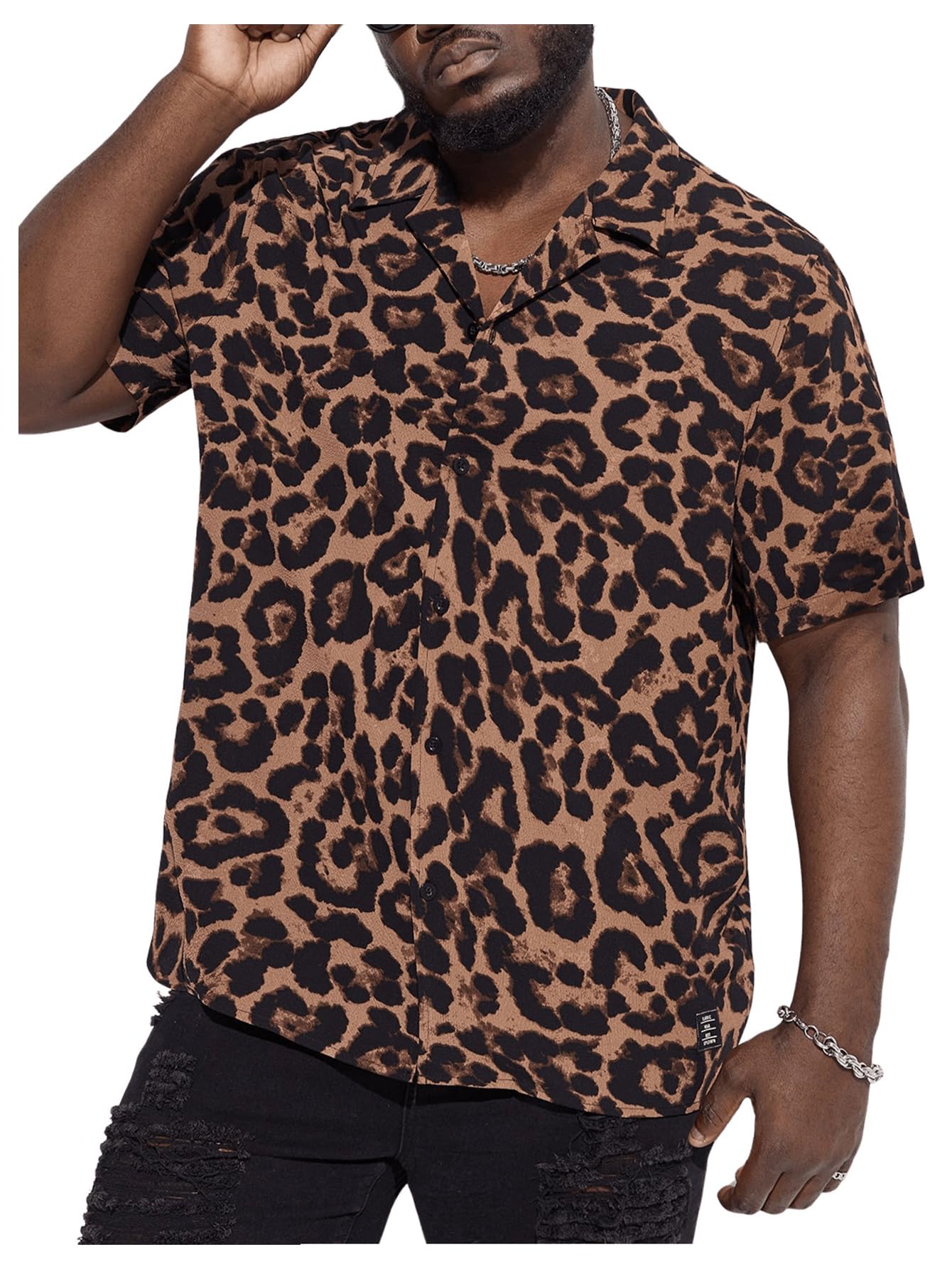 Photo 1 of GORGLITTER Men's Big and Tall Leopard Print Short Sleeve Shirt Button Down Casual Shirts Brown X-Large Plus