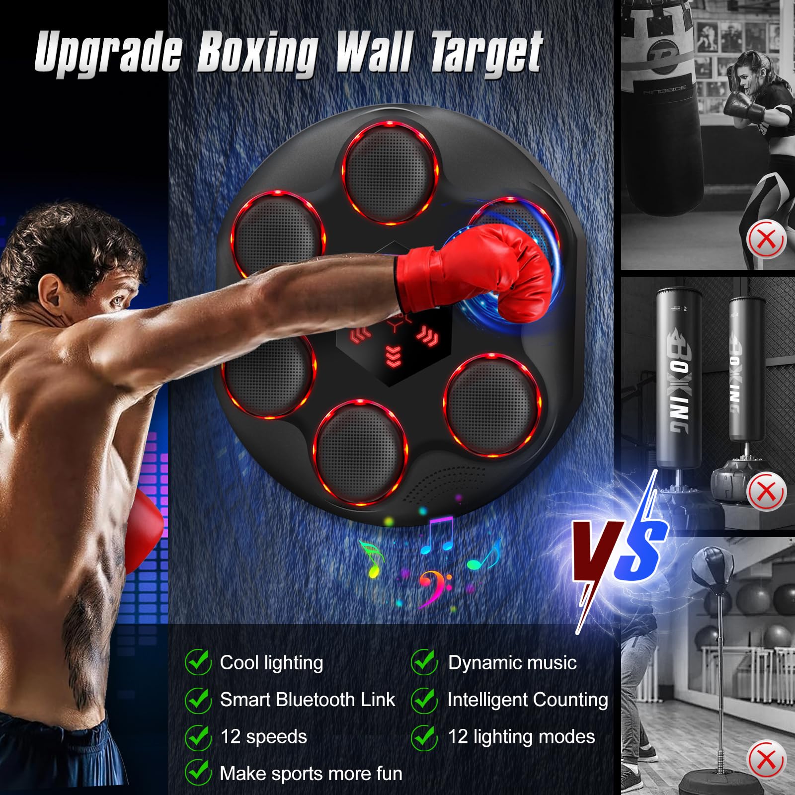 Ulikey Macchina da Boxe Musicale, Music Boxing Machine con Bluetooth e 12 modalità di velocità e di Conteggio, LED Macchina da Boxe Musicale con Guanti da Boxe per Adulti e Bambini