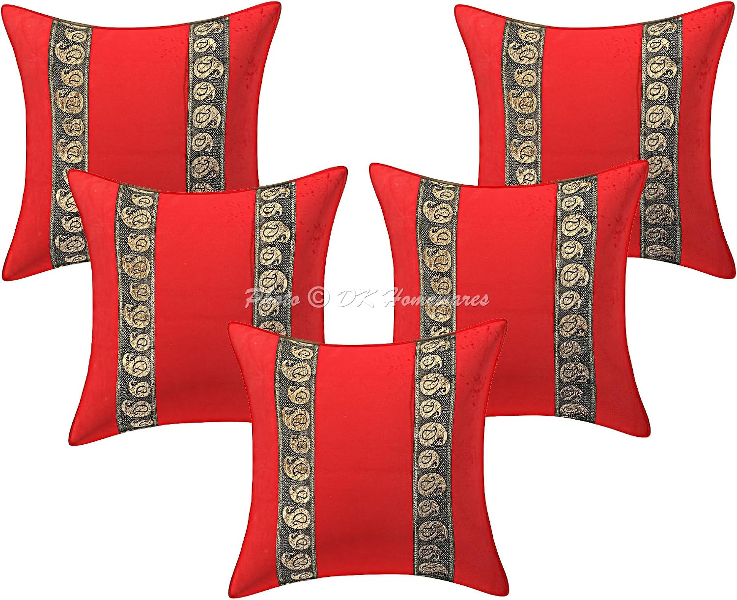 Ethnic Throw Pillowcases 16x16 Inch Velvet Brocade Jacquard Decorative Square Floral Cushion Covers (Size - 40x40 cm ; Color: Red) - Set of 5 Pcs (Cover Only)