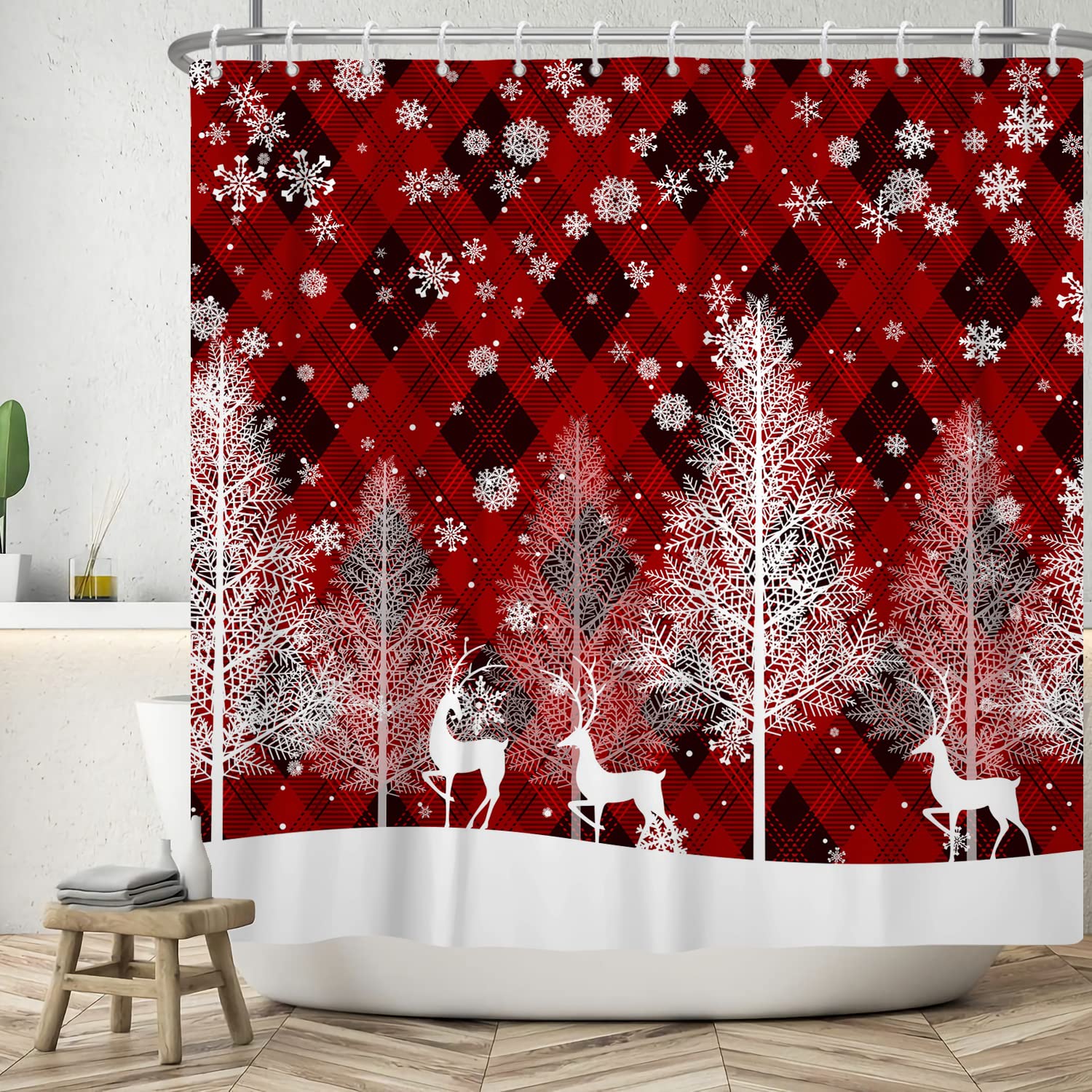 Bovlleetd Christmas Shower Curtain Red Buffalo Plaid Shower Curtains White Snowflake Pine Elk Bathroom Decorative Curtain Waterproof Tub Curtain for Bathtub Decor Washable 71x79inch