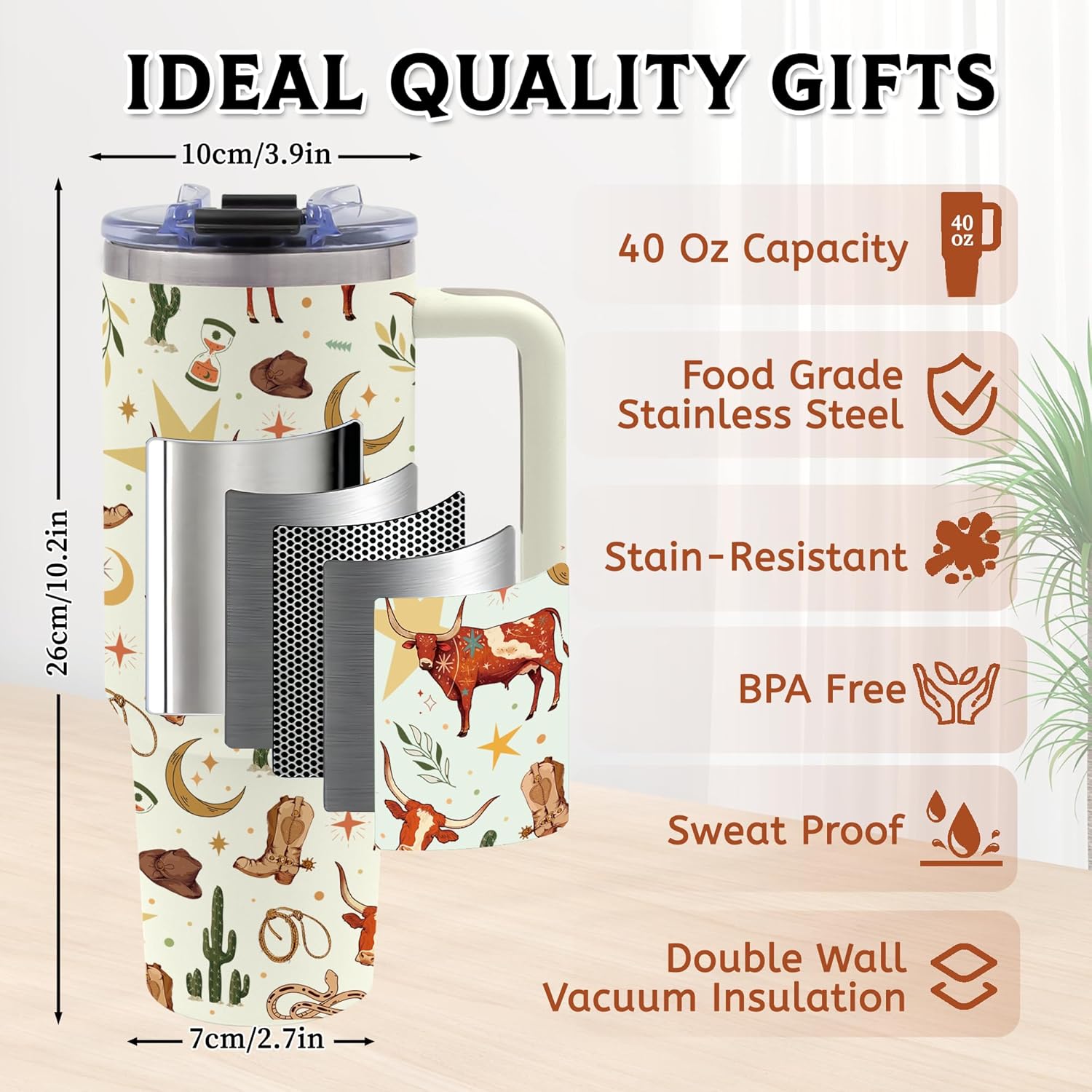 Rodeo Tumbler Gifts for Men, 40oz Cowgirl Western Tumbler with Handle for Women, Reusable Durable for Gym or Outdoors, Birthday Christmas Thanksgiving Day Gifts for Friends - Image 3