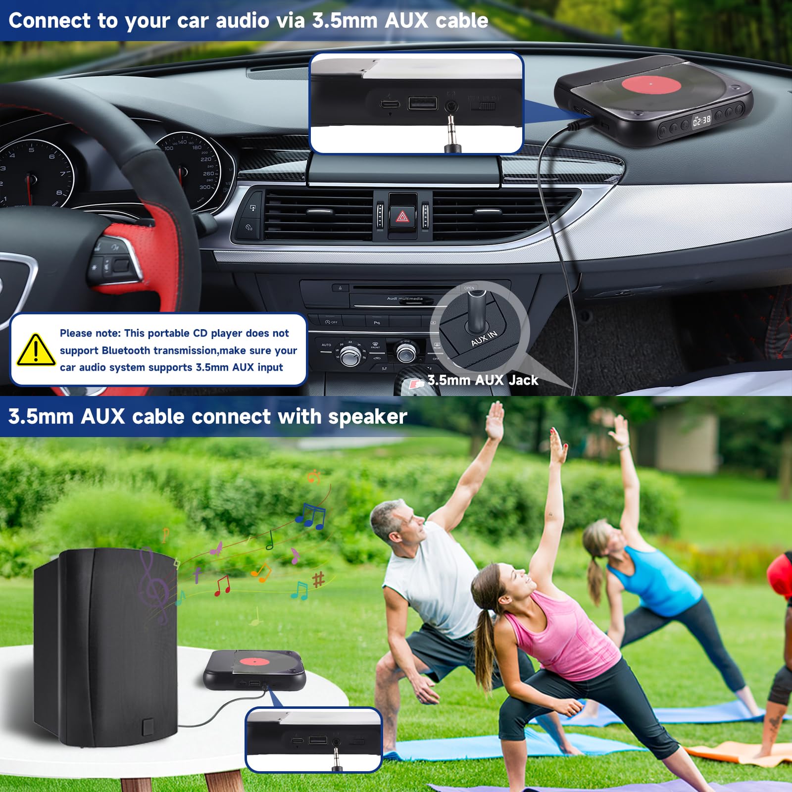 Lettore CD Portatile con Bluetooth 5.3 - Lettore CD per Bambini con Batteria da 2000 mAh, USB, Riproduzione MP3, connessione AUX - incl. Cuffie - per Auto, Viaggi e cameretta dei Bambini