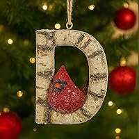 Vista 7 de Adorno de Navidad con letra inicial cardenal rústica, aspecto de madera de abedul, alfabeto, decoración con monograma para árbol de vacaciones