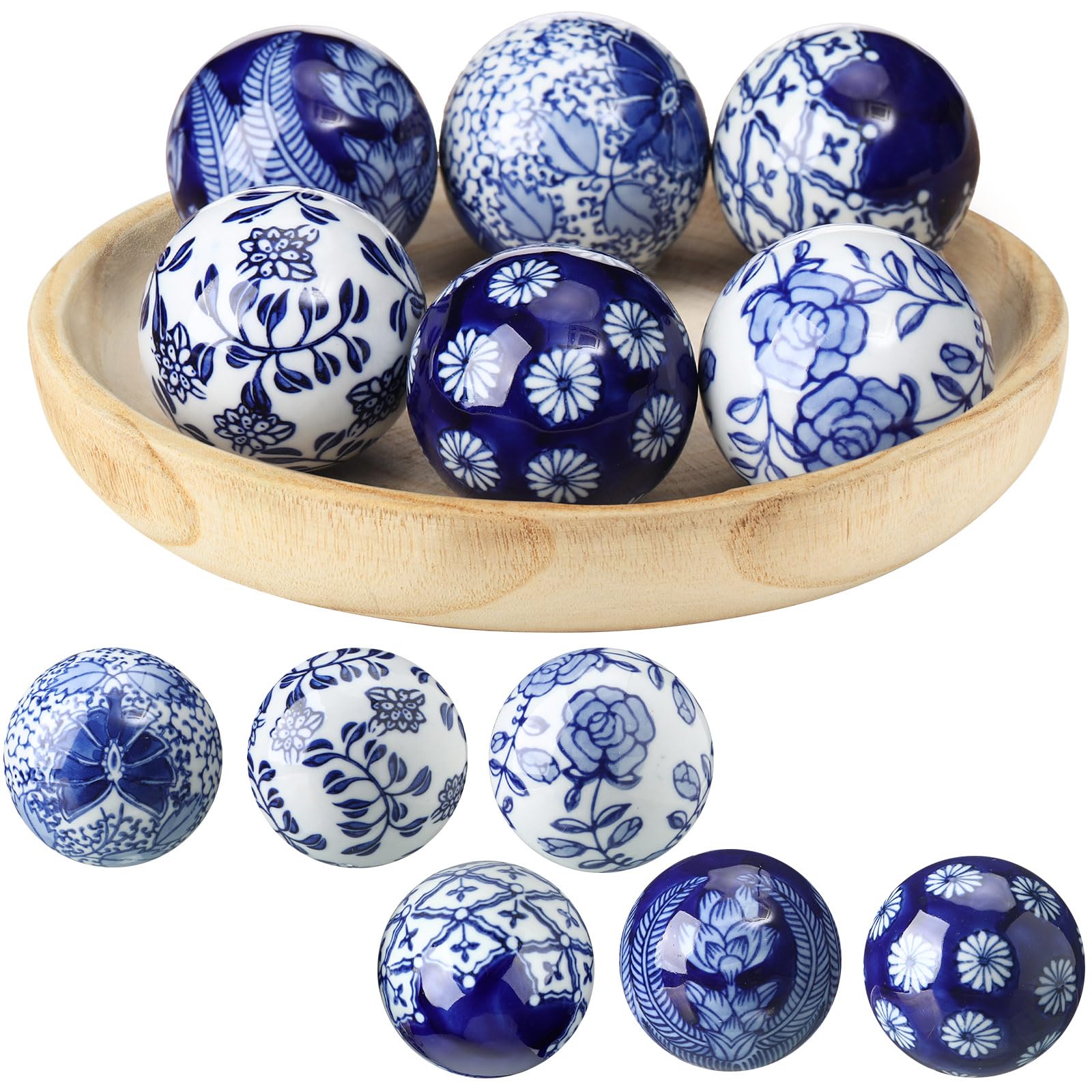 Vesici 6 Pieces Blue and White Porcelain Balls Decorative Chinoiserie Orbs for Centerpiece Bowls Tray Bowl Basket China Ceramic Balls Gifts for Vases Dining Table Wedding Party Decoration (Pattern 2)-image-35