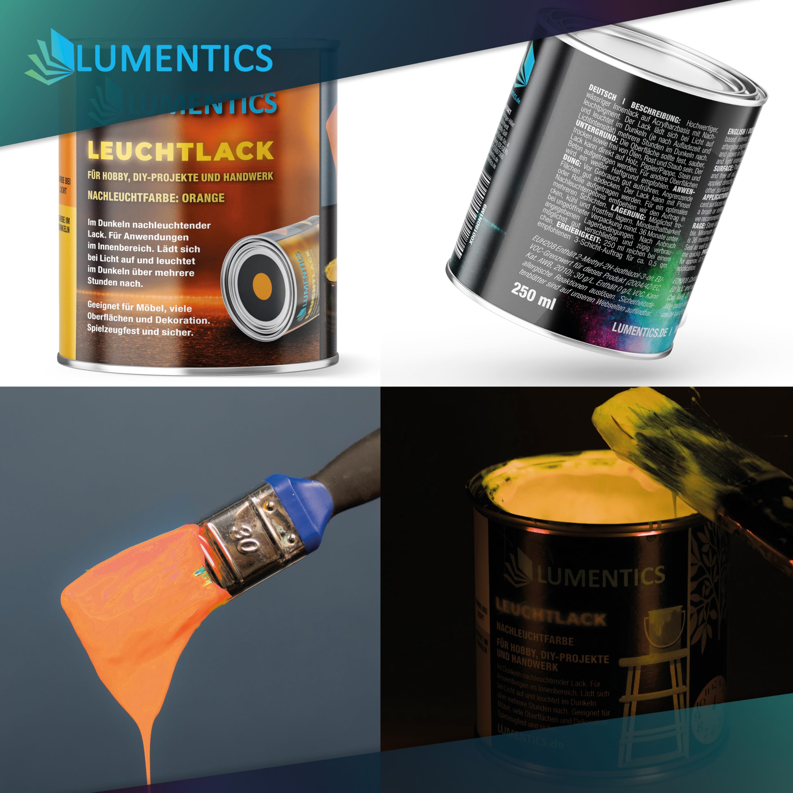 LUMENTICS Lack nachleuchtend Orange 250ml - Farbe leuchtet im Dunkeln - Selbstleuchtender Lack auf Acrylbasis - Leuchtlack phosphoreszierend, fluoreszierend, wiederaufladbar, geruchsarm
