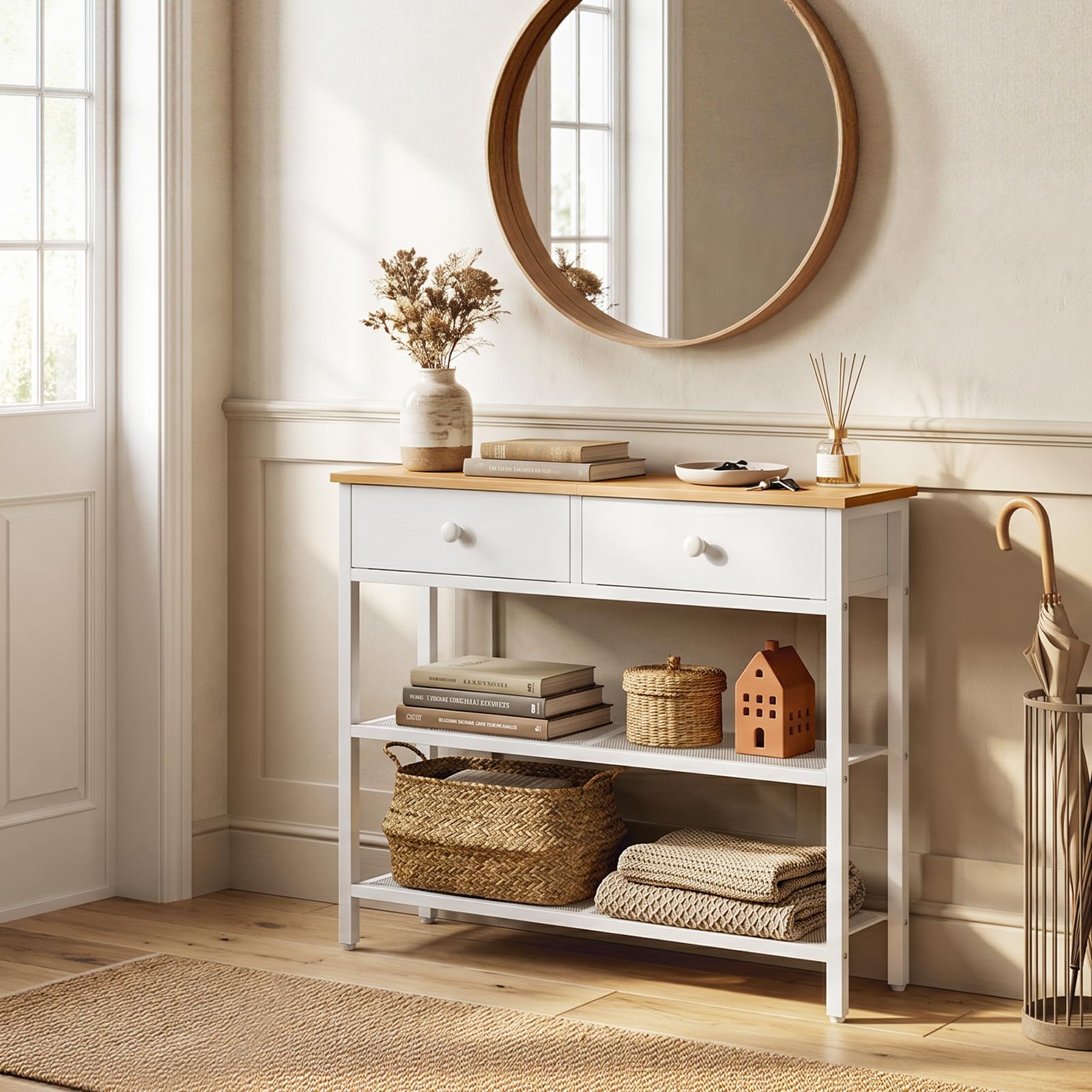 HOOBRO Mesa de Entrada de 75 cm de Largo, Mesa de Sofá de Estilo Industrial con Dos Cajones de Tejido no Textil, Consola con 3 Estantes, Dormitorio, Blanco y Color Madera Natural EWW72XG01G1
