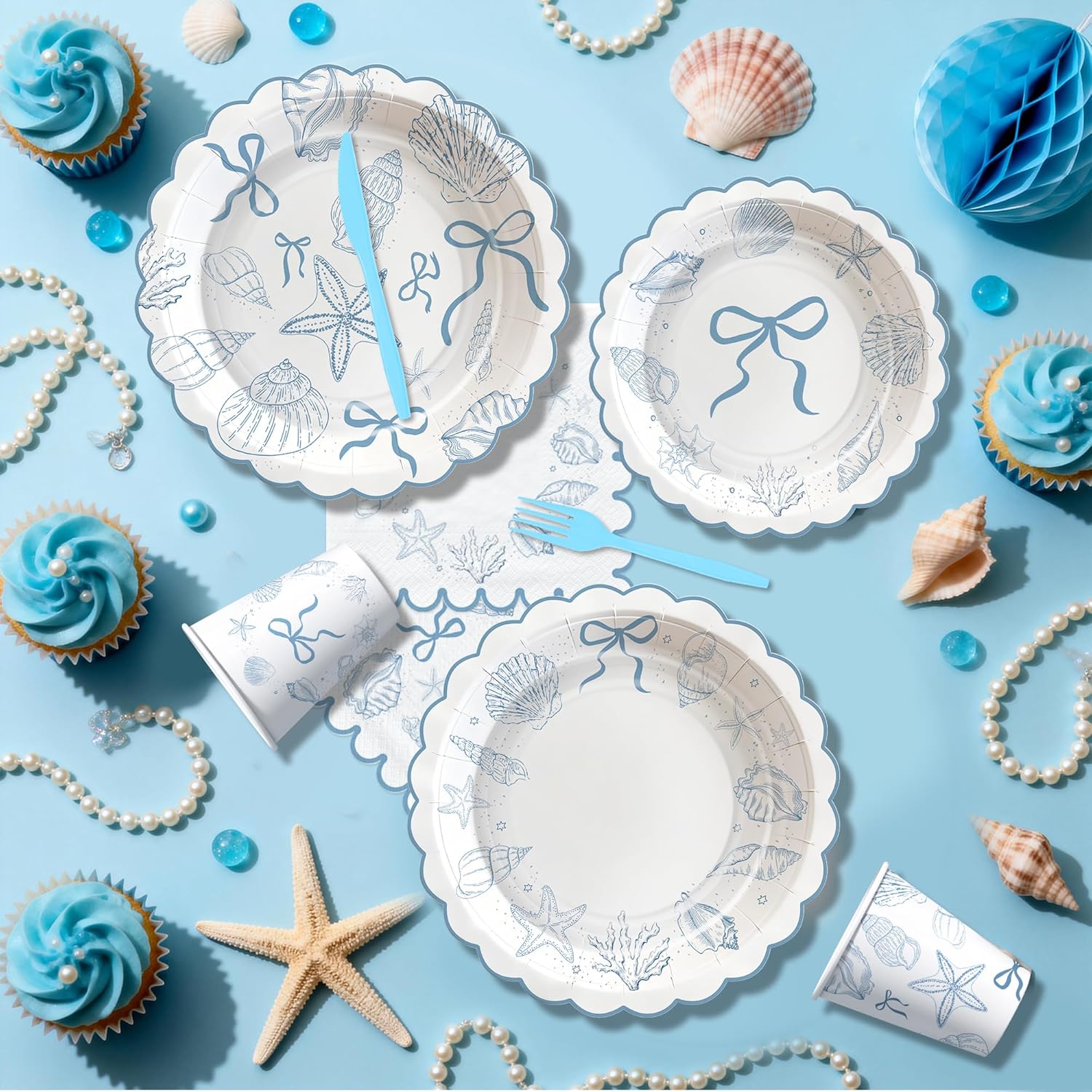 Seashell Party Decorations for Summer Beach Birthday Turned Pretty, Blue Bow Seashell Birthday Party Supplies, Plate, Cup, Napkin, Banner, Tablecloth, Topper, Swirl, Backdrop, Cutlery, Serve 24