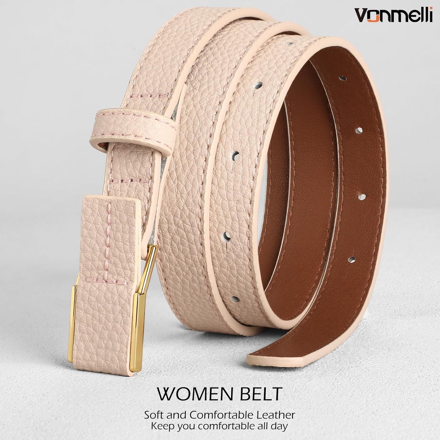 VONMELLI Women Skinny Leather Belt Thin Waist Belt for Women Jeans Dress Fashion Ladies Belt with Gold Buckle - Image 2
