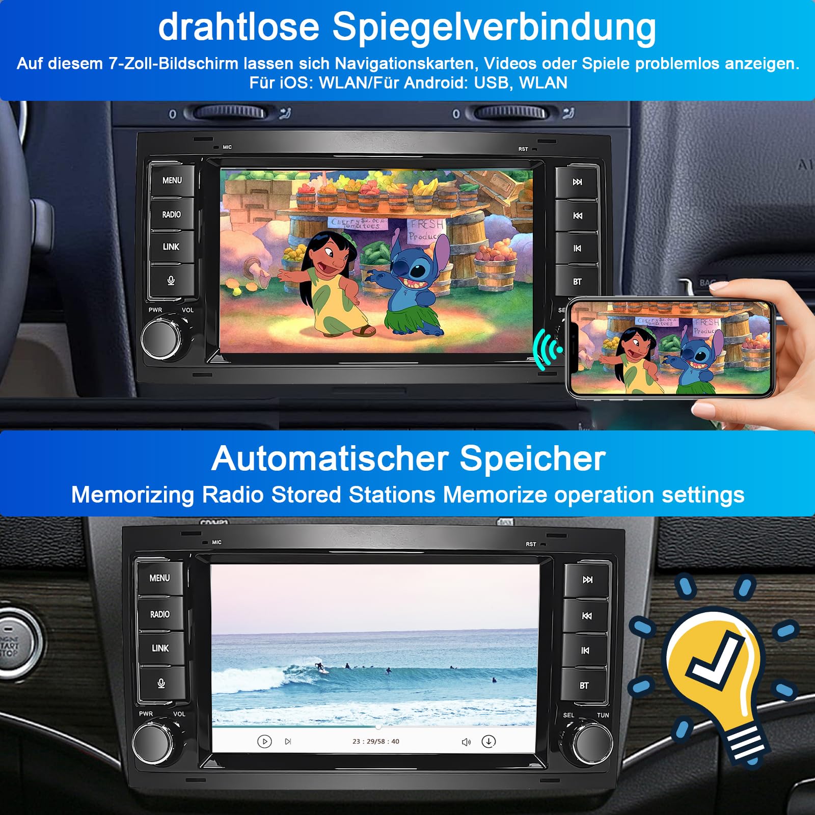 Autoradio für VW Touareg 2004-2011 Transporter T5 Multivan 2004-2009 Kompatibel Wireless Apple Carplay & Android Auto, 7 Zoll Radio mit Touchscreen/Bluetooth/FM/AM/USB/DSP/RDS/Mirror Link