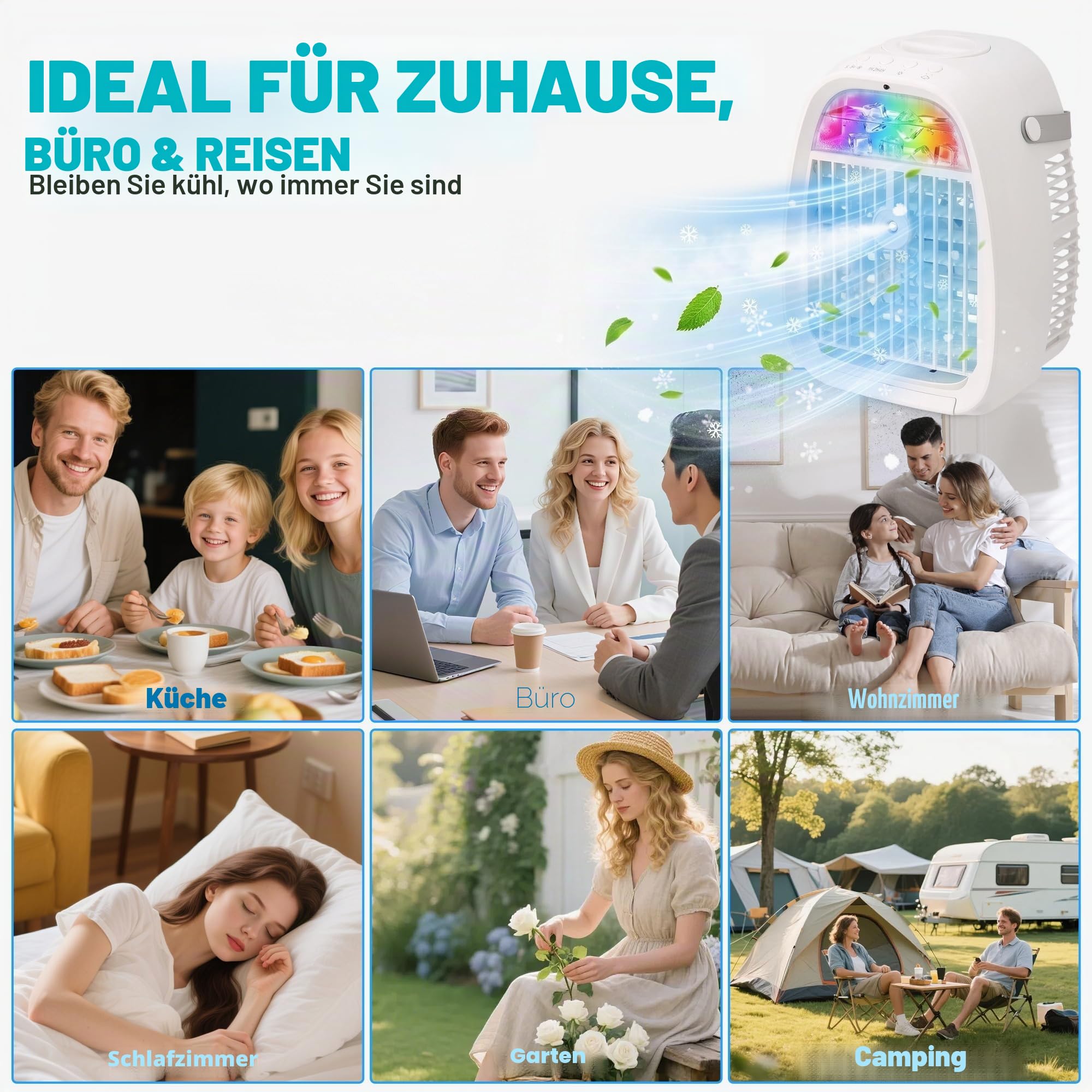 Mobile Klimaanlage 1100ML, Luftkühler mit Wasserkühlung ohne Abluftschlauch, Mini Klimaanlage 4 in 1, Klimagerät mit 3 Windstufen, 2 Sprühmodi, USB Ventilator mit LED für Zimmer Büro Camping