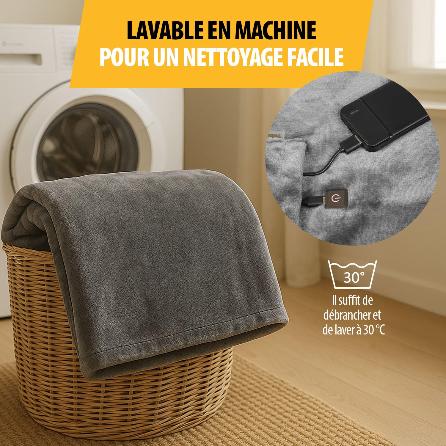 Tristar Couverture chauffante sans Fil, 150 x 80 cm, 3 Niveaux Jusqu’à 60 °C, Batterie Externe 5 000 mAh, Chauffe Rapide, Polaire Lavable, Portable, BW-4788