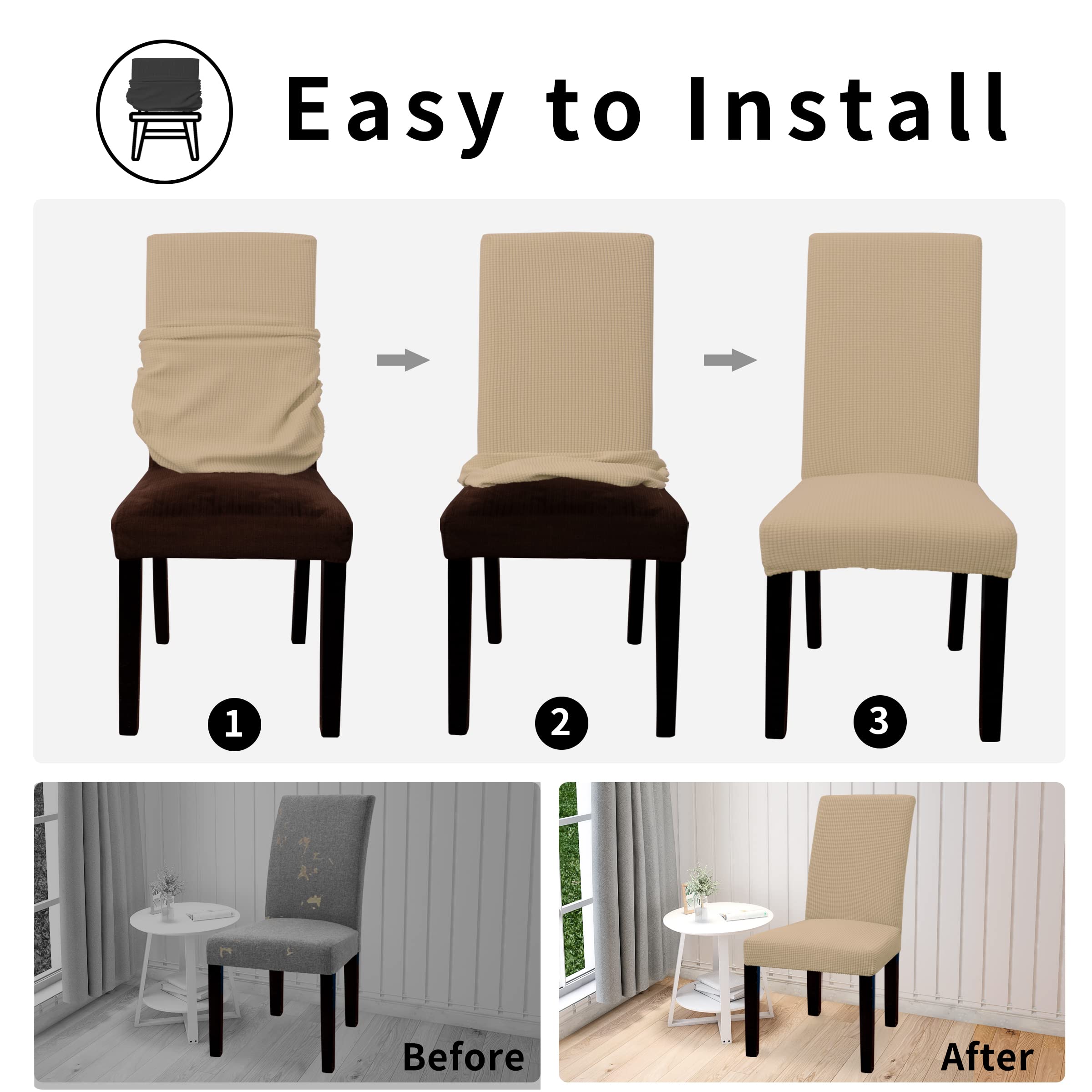 Easy-Going Set di 6 coprisedia 100% impermeabili per sala da pranzo, in tessuto jacquard elasticizzato, rimovibili e lavabili, per casa, ristorante, banchetti (XL, sabbia)