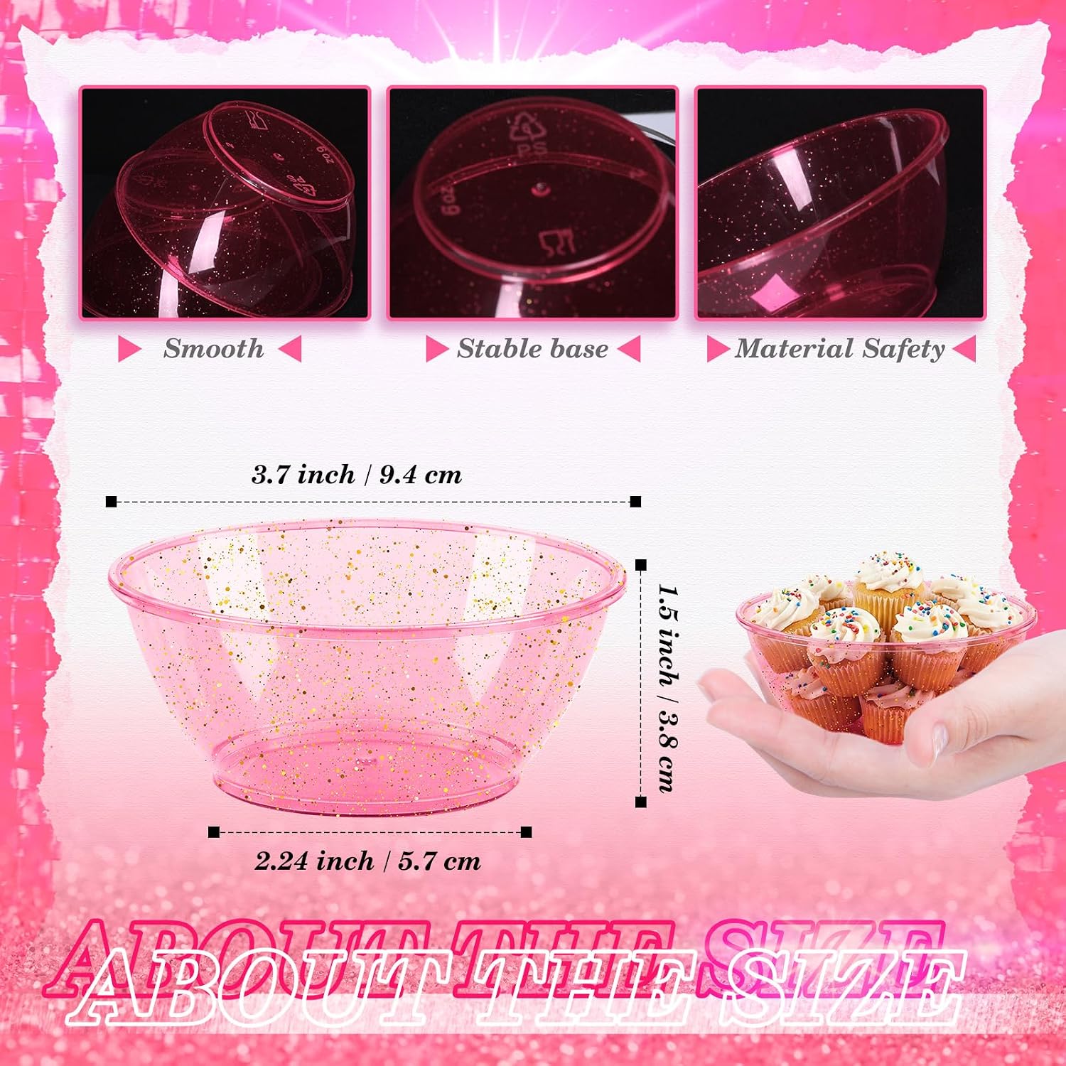 50 Pack 6oz Glitter Pink Disposable Plastic Bowls ,Glitter Small Bowls for Ice Cream, Candy, Soup, Salsa, Fruit. Great for Parties Birthday Valentine Day Weddings Baby Showers Holiday Events.(Pink)