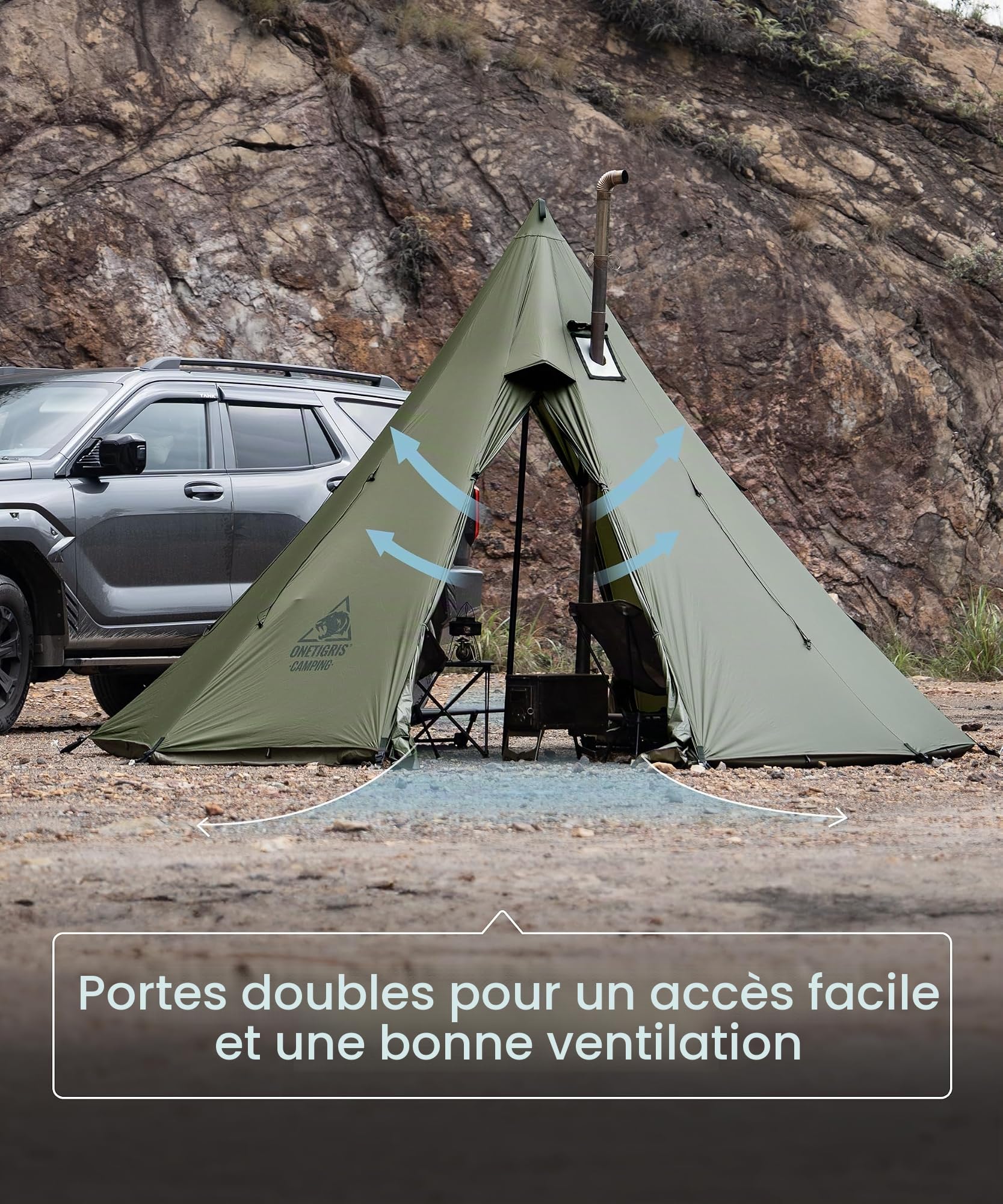 OneTigris Rock Fortress Tente tipi pour 4 à 6 personnes - Tente pyramidale avec mât de tente - 4 saisons - Colonne d'eau de 3000 mm - Pour l'extérieur, le camping, la randonnée, le trekking (vert