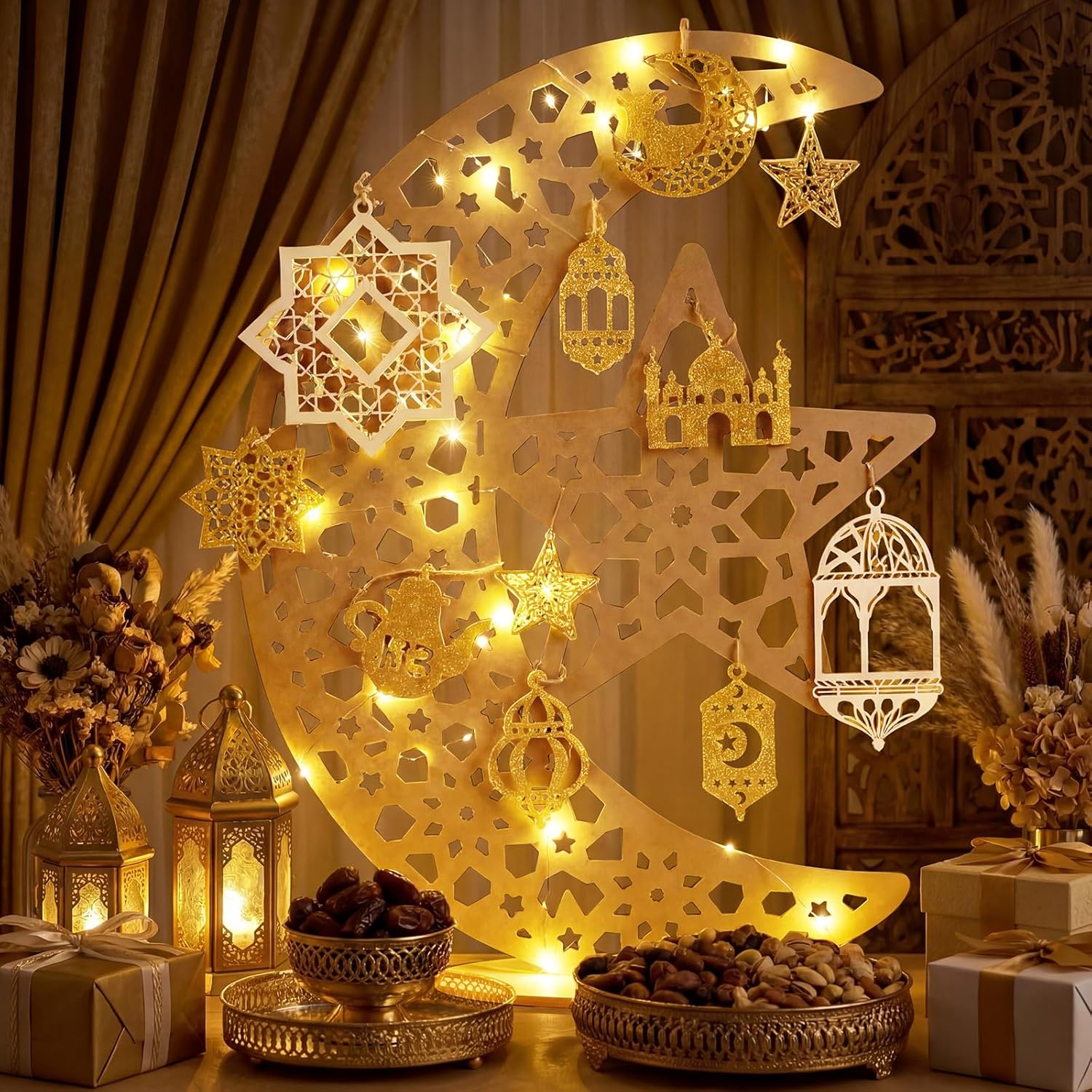 Novabright 21 Pcs Eid Crafts Night Light Large Wooden Ramadan Star Crescent Mubarak Lamp Decor Glittery Moon Eid Light Up Decoration Islamic Table Decor for Holiday Party Centerpiece