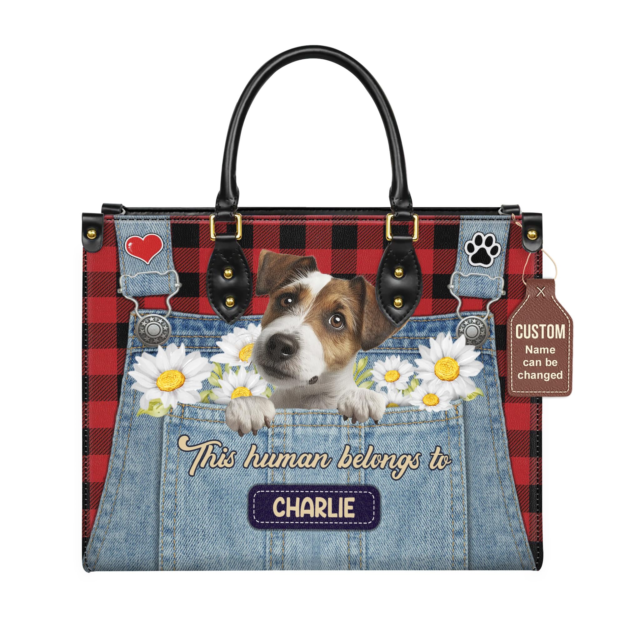 Jack Russell Terrier This Human Belongs To Custom Print Handbags with Name, Personalized Dog Leather Handbag Gift for Dog Mom, Women Leather Bags