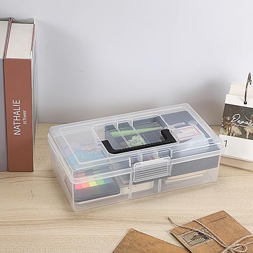 Miniatura 8 de BTSKY Caja de almacenamiento de plástico transparente con bandeja extraíble, caja de almacenamiento de artículos de papelería multiusos con asa,