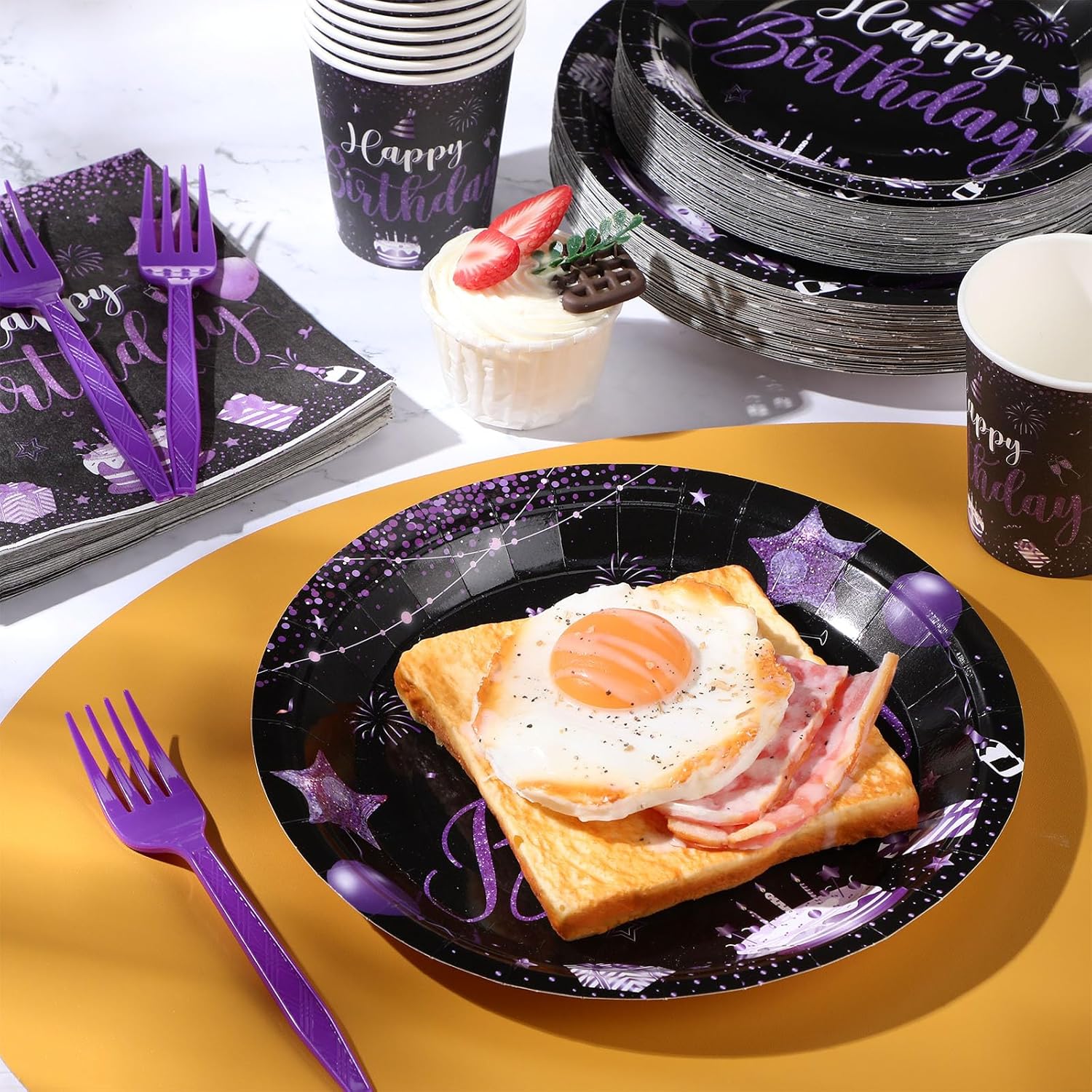 Vesici 120 Pcs Happy Birthday Plates and Napkins, 24 Guest Birthday Party Supplies Include Paper Plates Napkins Cups Plastic Forks for Men Women 30th 50th Party Decorations(Black and Purple)