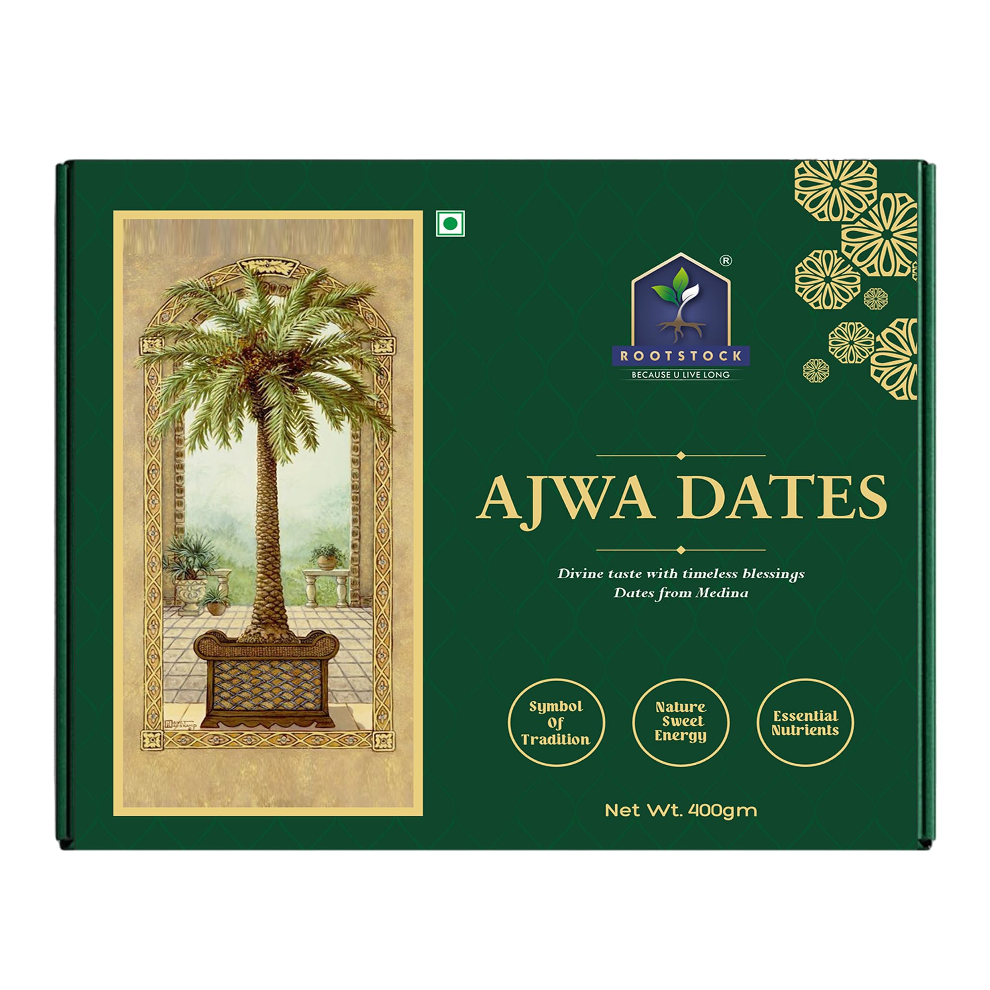 ROOTSTOCK BECAUSE U LIVE LONG Premium Ajwa Dates 400gm, 100% Fresh & Natural Dates Import from Saudi Arabia, Rich In Iron & Fiber, No Sugar, Good for Healthy Snacking Dry Fruits Soft Khajur/Khajoor